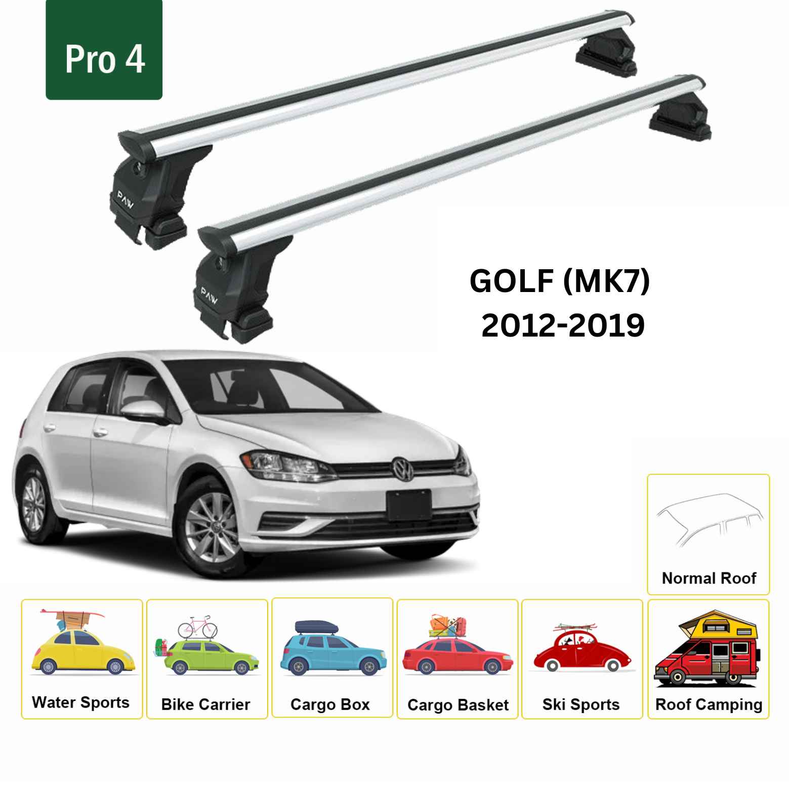 For Volkswagen Golf 5D (MK7) 2012-19 Roof Rack Cross Bar Normal Roof Alu Silver - 0