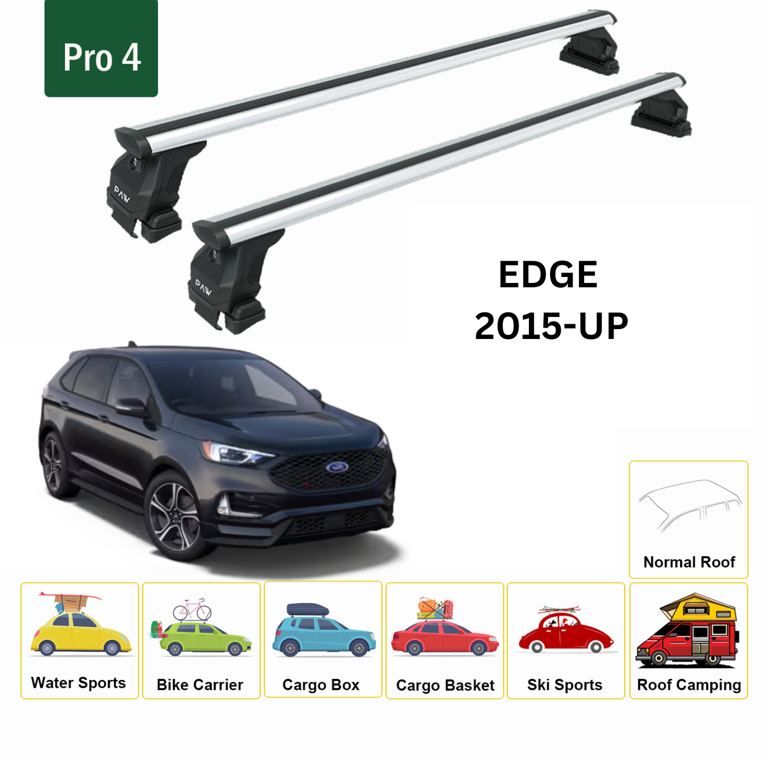 For Ford Edge (CD 539) 2015-Up Roof Rack Cross Bars Normal Roof Alu Silver - 0