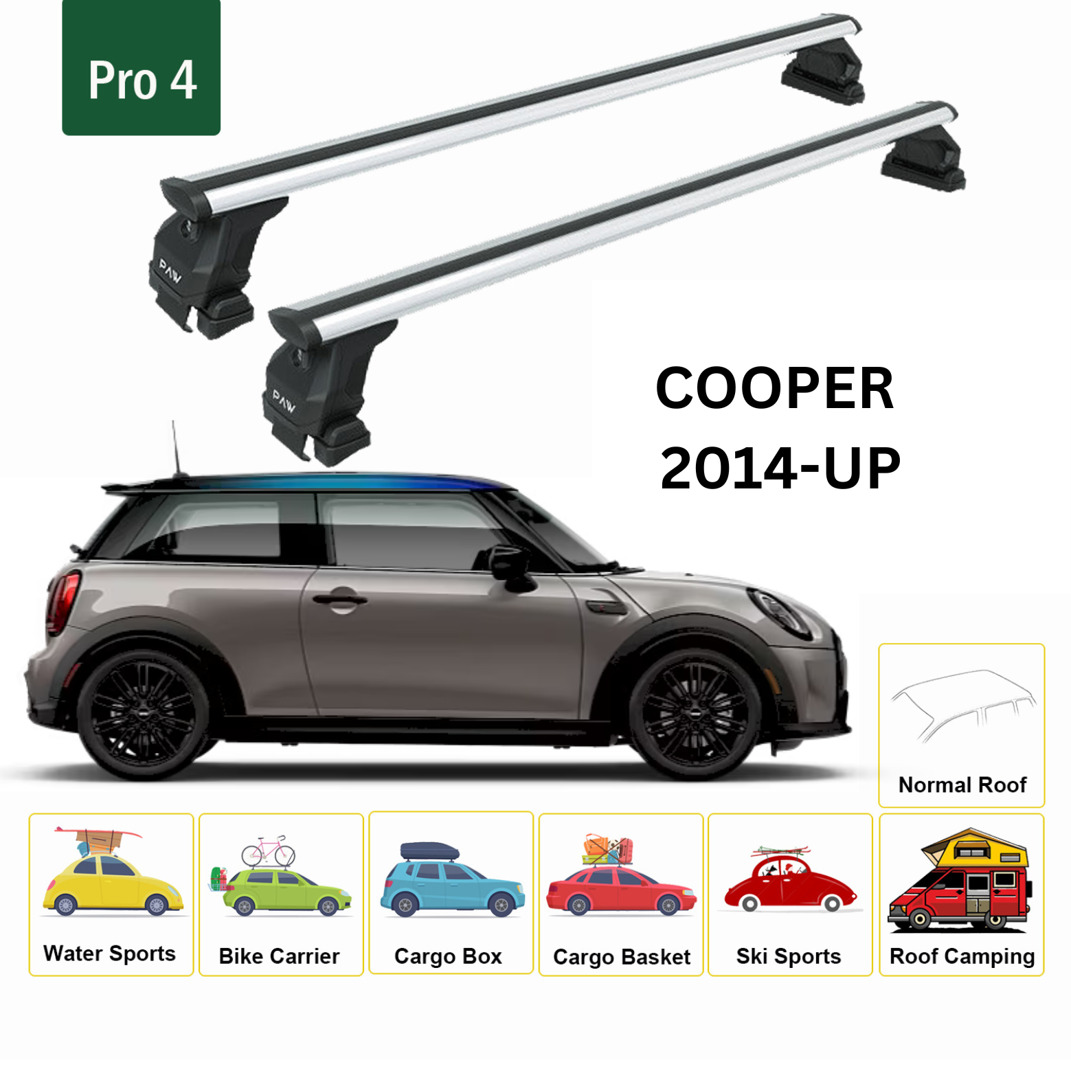 For Mini Cooper 2014- Up Roof Rack Cross Bars Metal Bracket Normal Roof Alu Silver