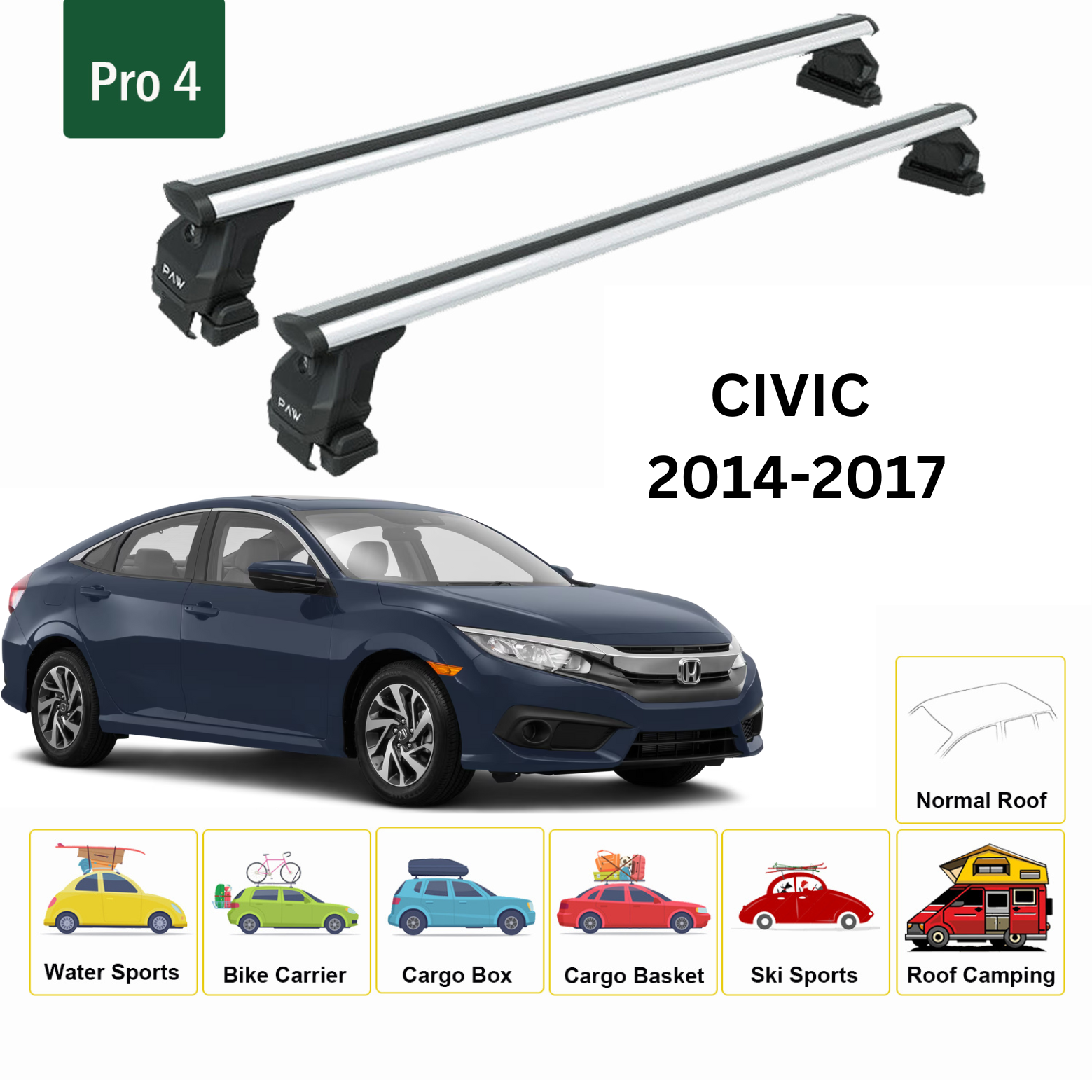 For Honda Civic 2014-17 Roof Rack Cross Bars Metal Bracket Normal Roof Alu Silver-2