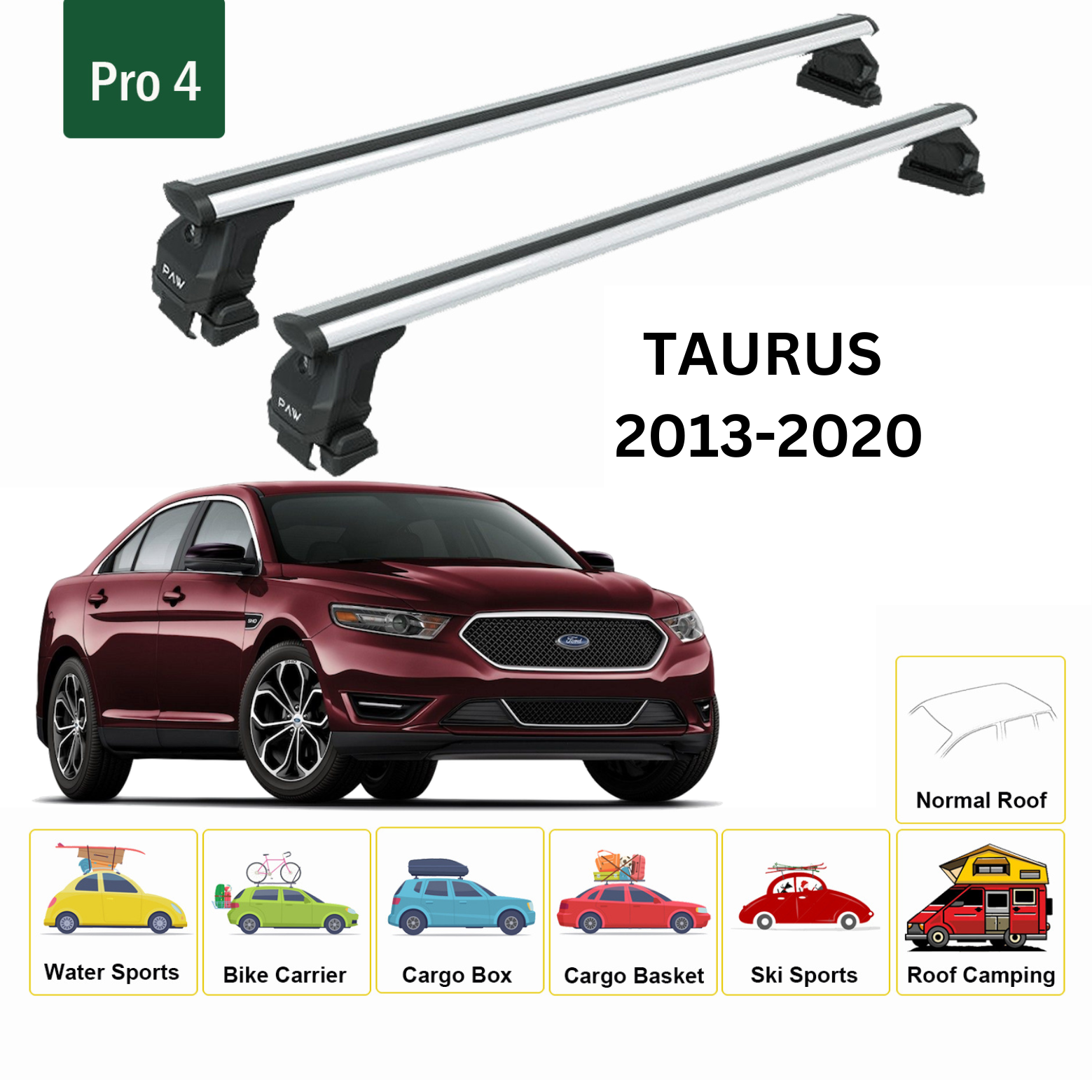 For Ford Taurus 2013-20 Roof Rack Cross Bars Metal Bracket Normal Roof Alu Silver - 0