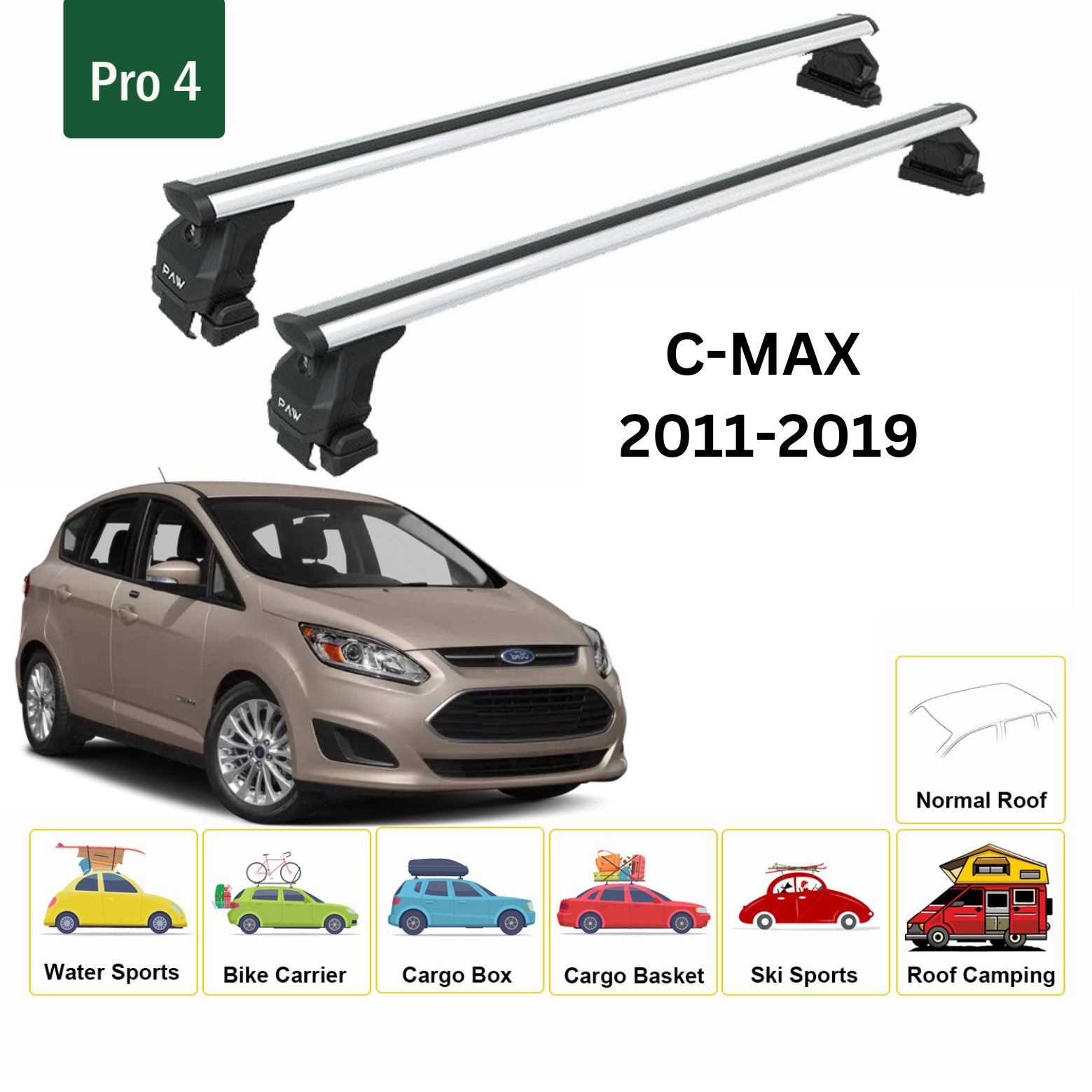 For Ford C-MAX 2011-19 Roof Rack Cross Bars Normal Roof Alu Silver - 0