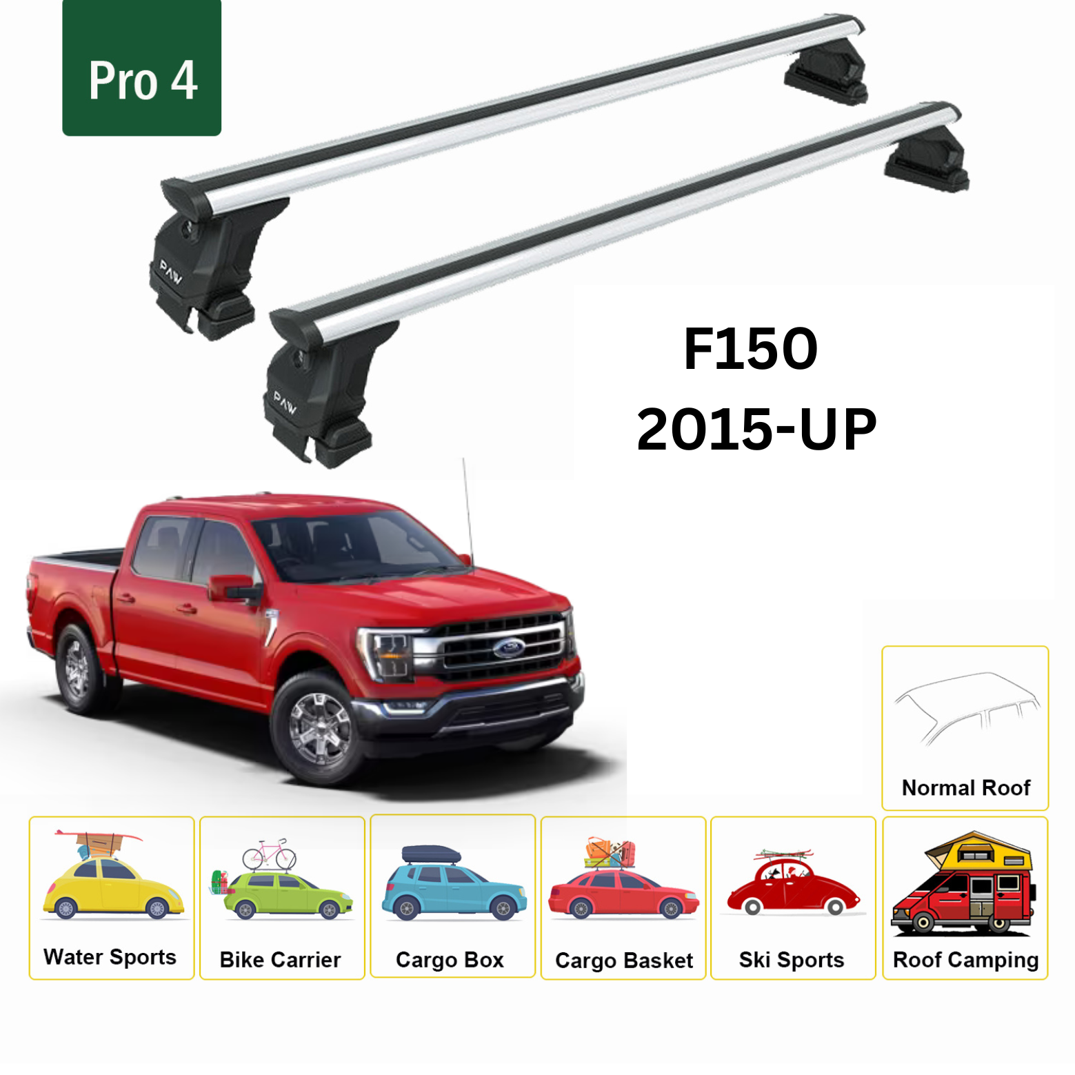 For Ford F150 2015-Up Roof Rack Cross Bars Metal Bracket Normal Roof Alu Silver - 0