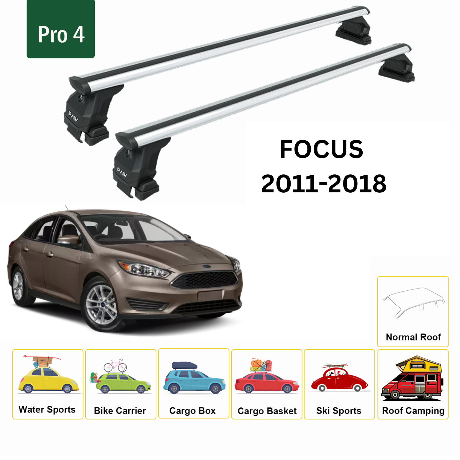 For Ford Focus 2011-18 Roof Rack Cross Bars Metal Bracket Normal Roof Alu Silver - 0