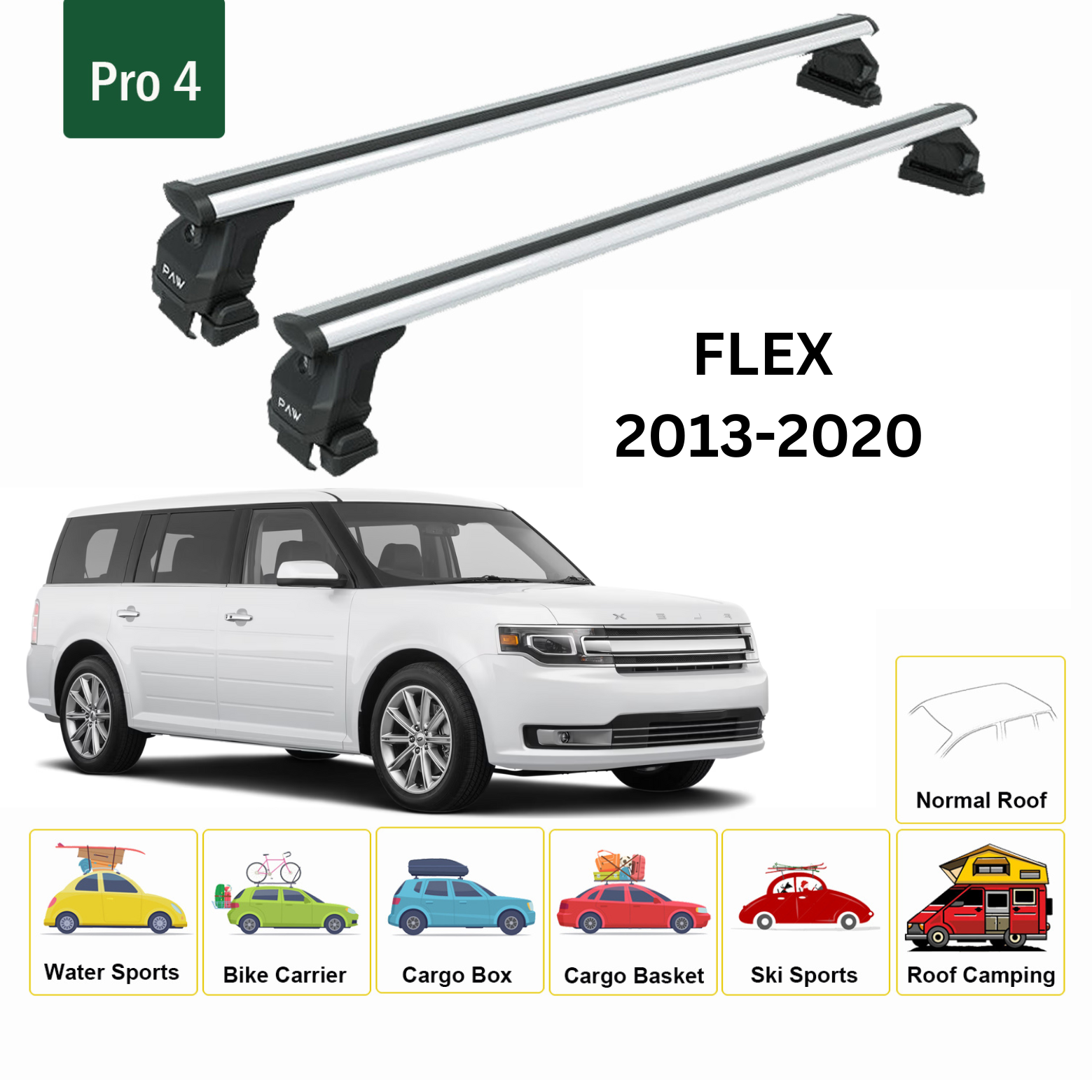Für Ford Flex 2008–2013 Dachträgersystem, Aluminium-Querstange, Metallhalterung, abschließbar, Silber