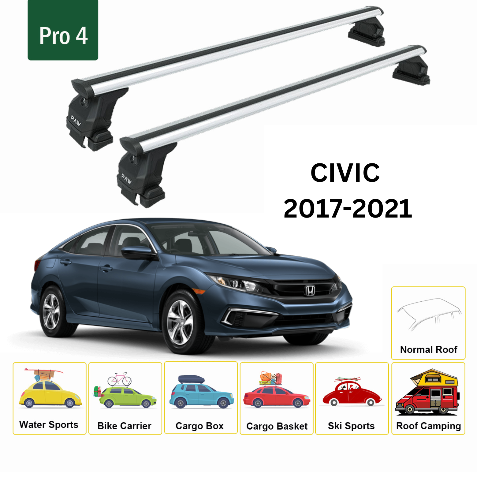 For Honda Civic 2017-21 Roof Rack Cross Bars Metal Bracket Normal Roof Alu Silver-2