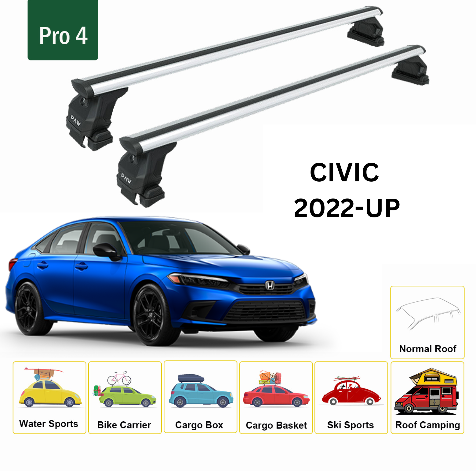 For Honda Civic 2021-Up Roof Rack Cross Bars Metal Bracket Normal Roof Alu Silver