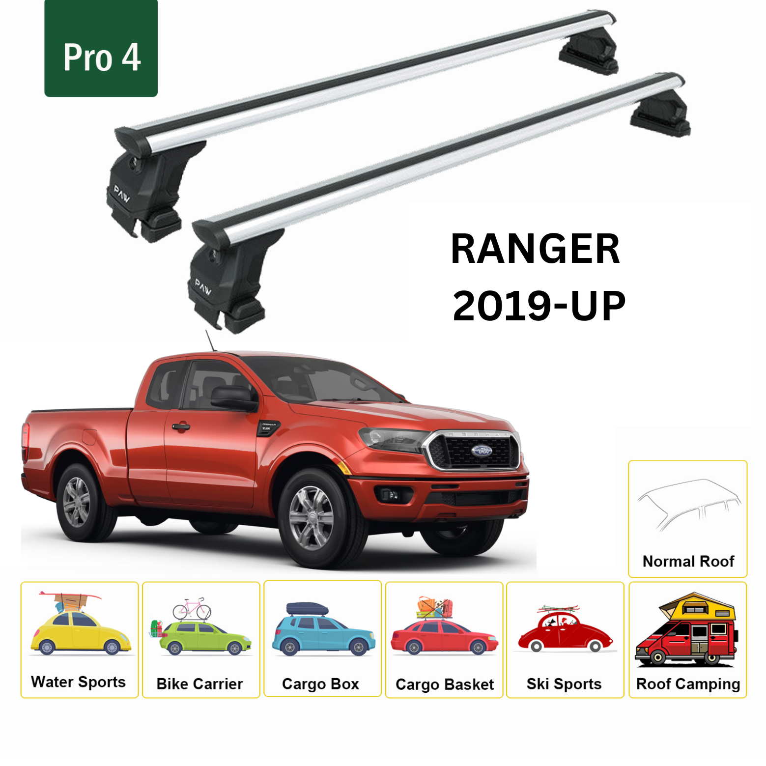 For Ford Ranger 2019-Up Roof Rack Cross Bars Metal Bracket Normal Roof Alu Silver - 0