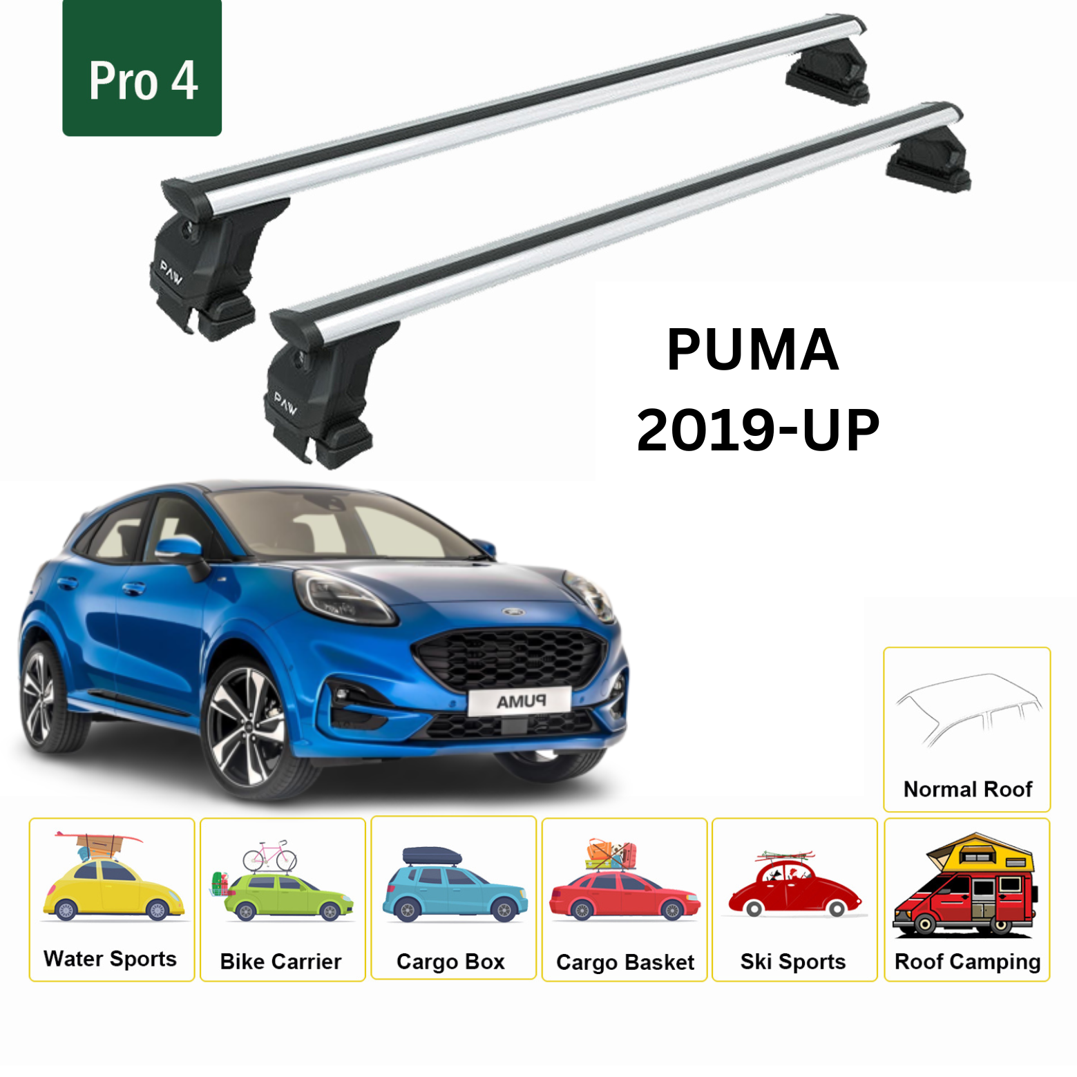 For Ford Puma 2019-Up Roof Rack Cross Bars Metal Bracket Normal Roof Alu Silver-2