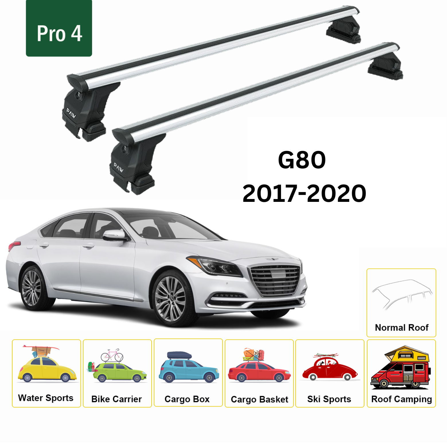 For Genesis G80 2017-2020 Roof Rack Cross Bars Metal Bracket Normal Roof Alu Silver