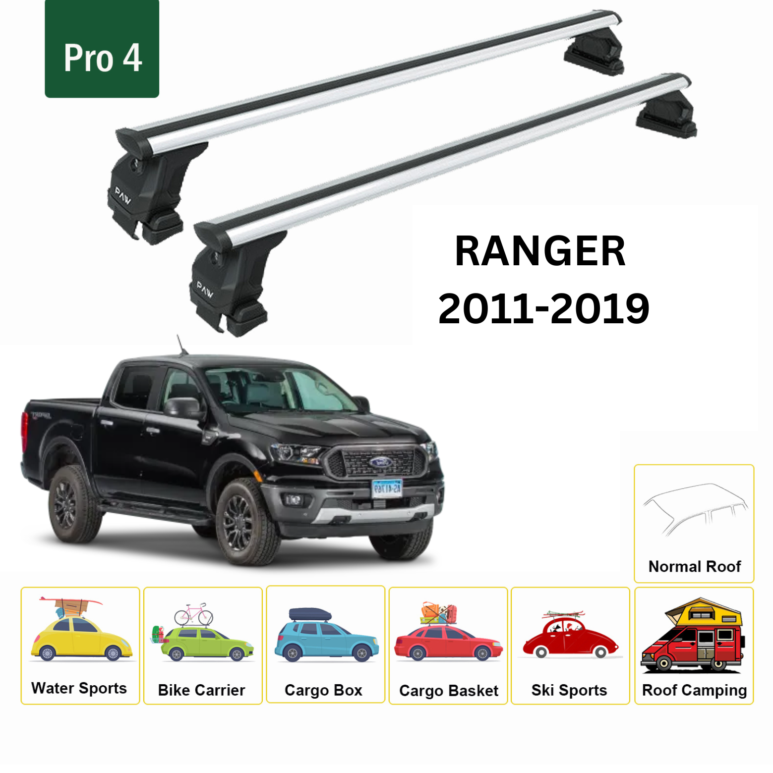For Ford Ranger 2011-19 Roof Rack Cross Bars Metal Bracket Normal Roof Alu Silver - 0
