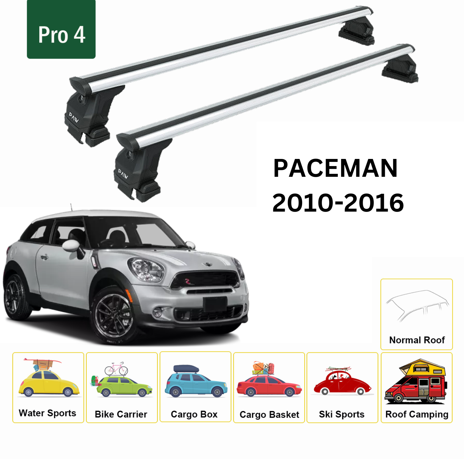 For Mini Paceman 2010-2016 Roof Rack Cross Bars Metal Bracket Normal Roof Alu Silver - 0