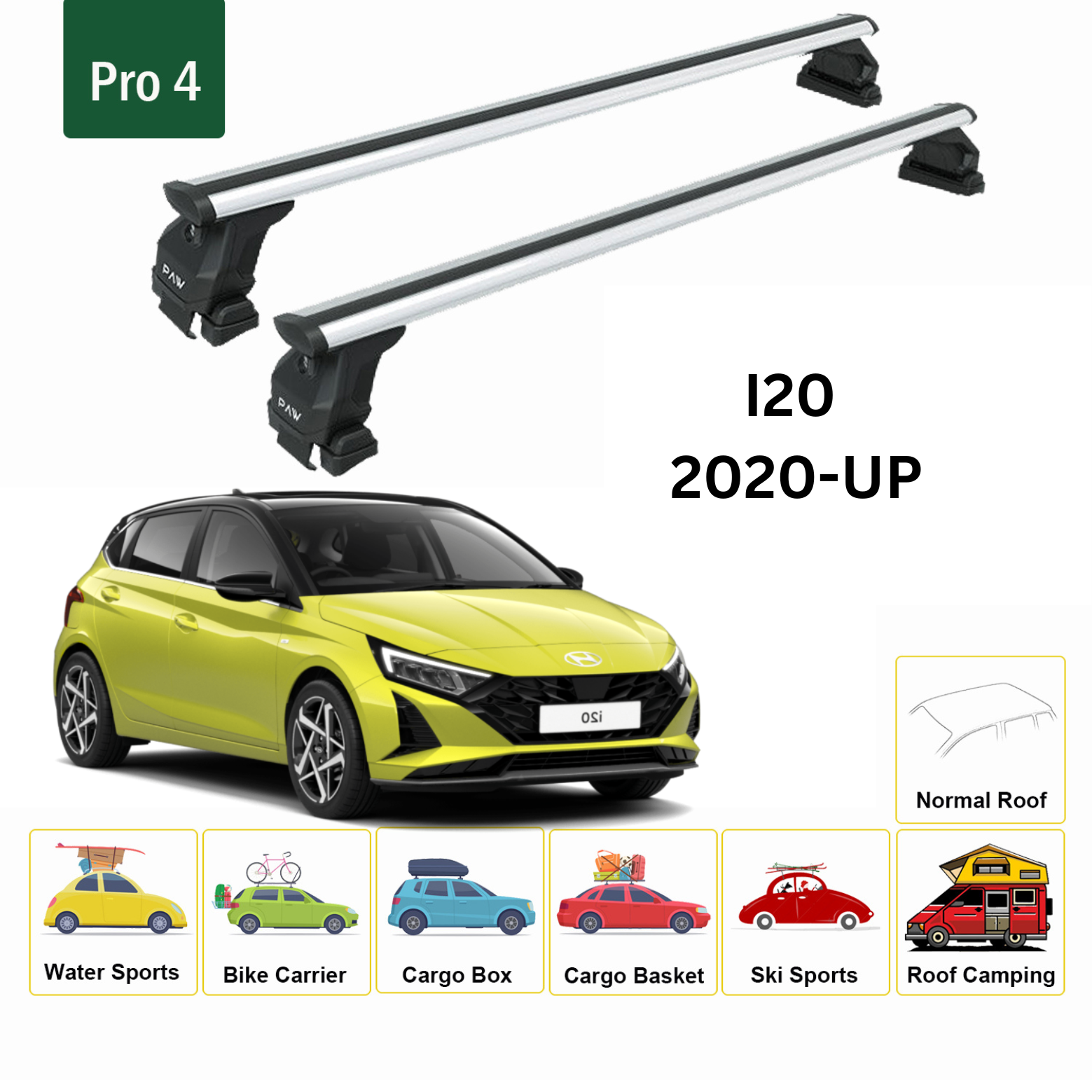For Hyundai i20 2020-Up Roof Rack Cross Bars Normal Roof Alu Silver - 0