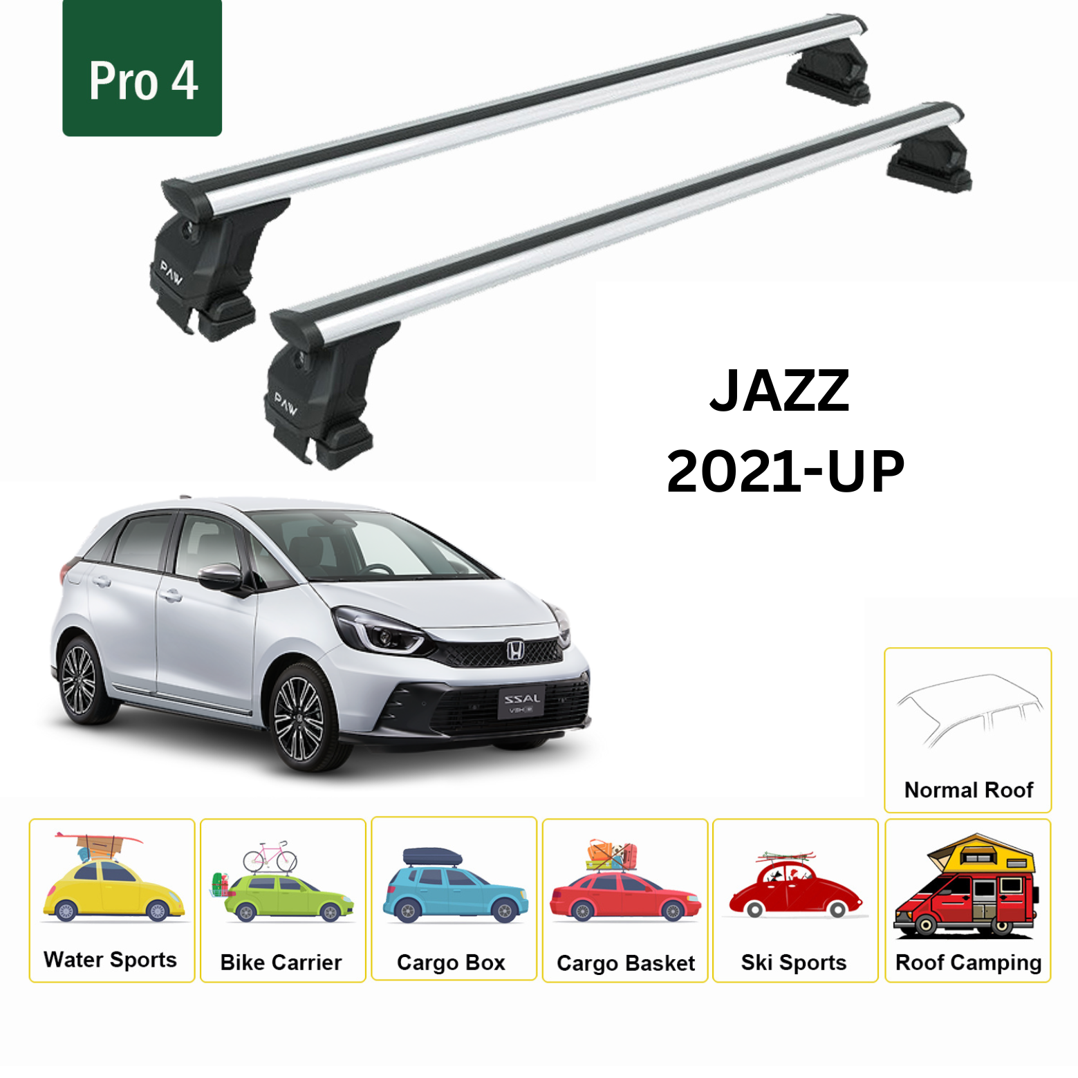 Für Honda Jazz 2021-Up Dachträgersystem, Aluminium-Querstange, Metallhalterung, abschließbar, Silber 