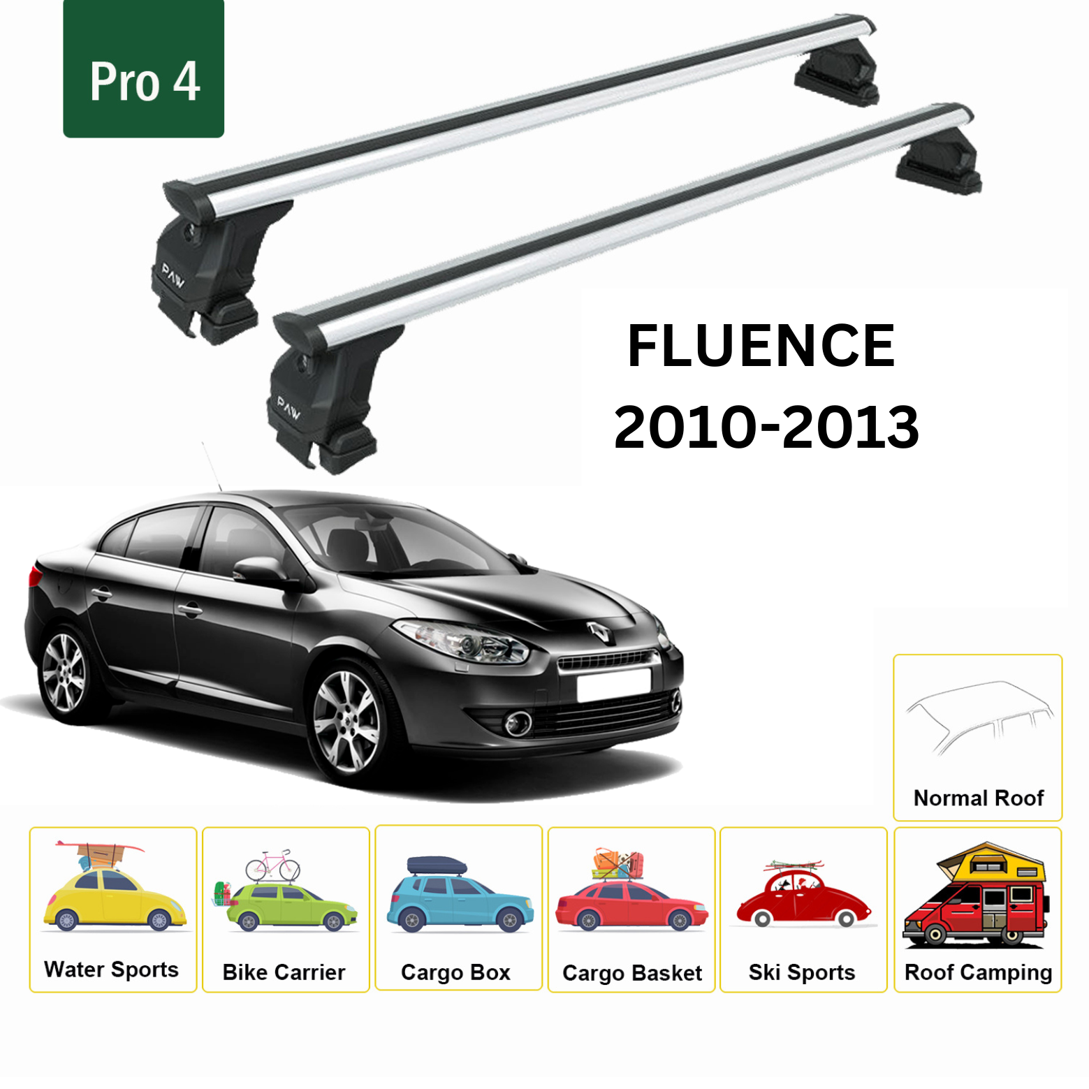 Für Renault Fluence 2010–2013 Dachträgersystem, Aluminium-Querstange, Metallhalterung, normales Dach, Silber