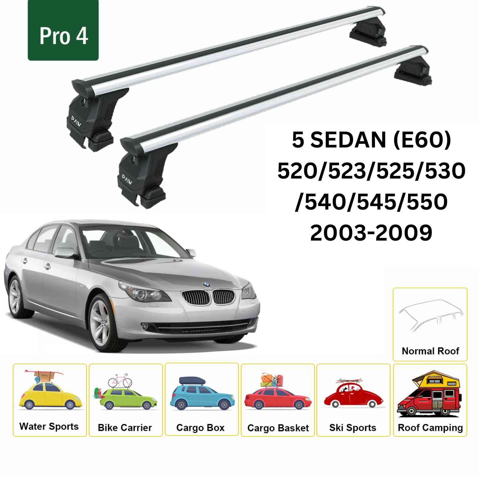 For BMW 5 Sedan (E60) 2003-09 Roof Rack Cross Bars Normal Roof Alu Silver