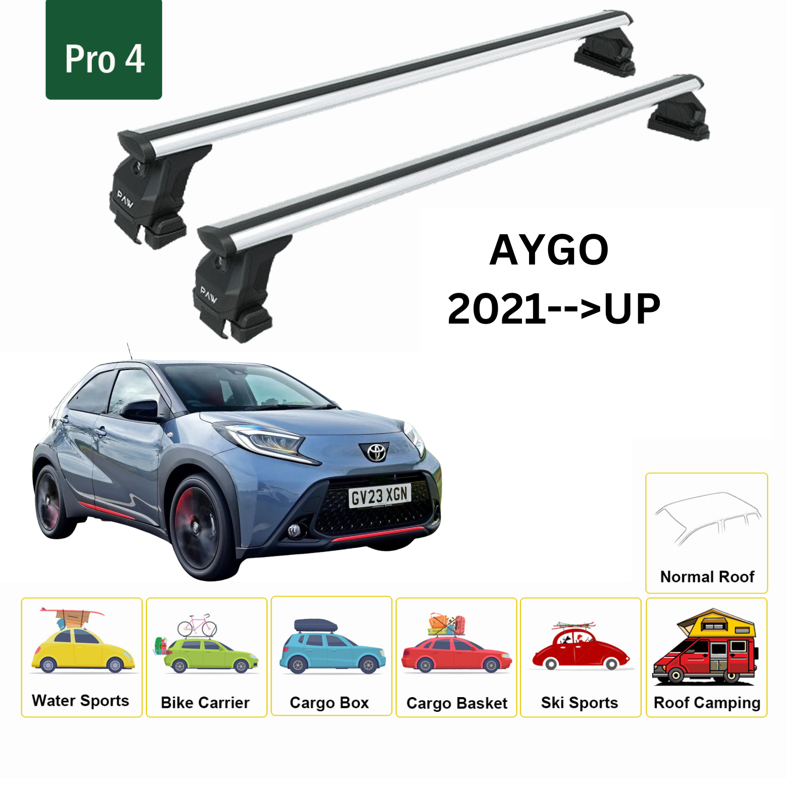For Toyota Aygo 2021-Up Roof Rack Cross Bars Normal Roof Alu Silver - 0