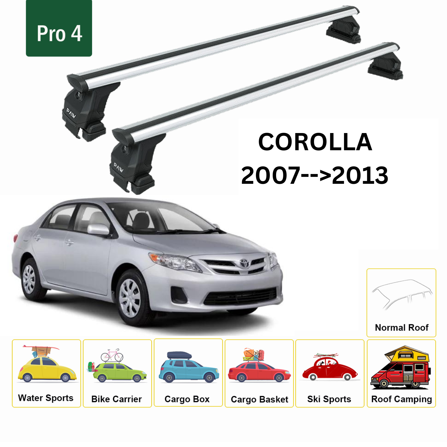 Für Toyota Corolla 2007-13 Dachträger Querträger Metallhalterung Normales Dach Alu Silber - 0