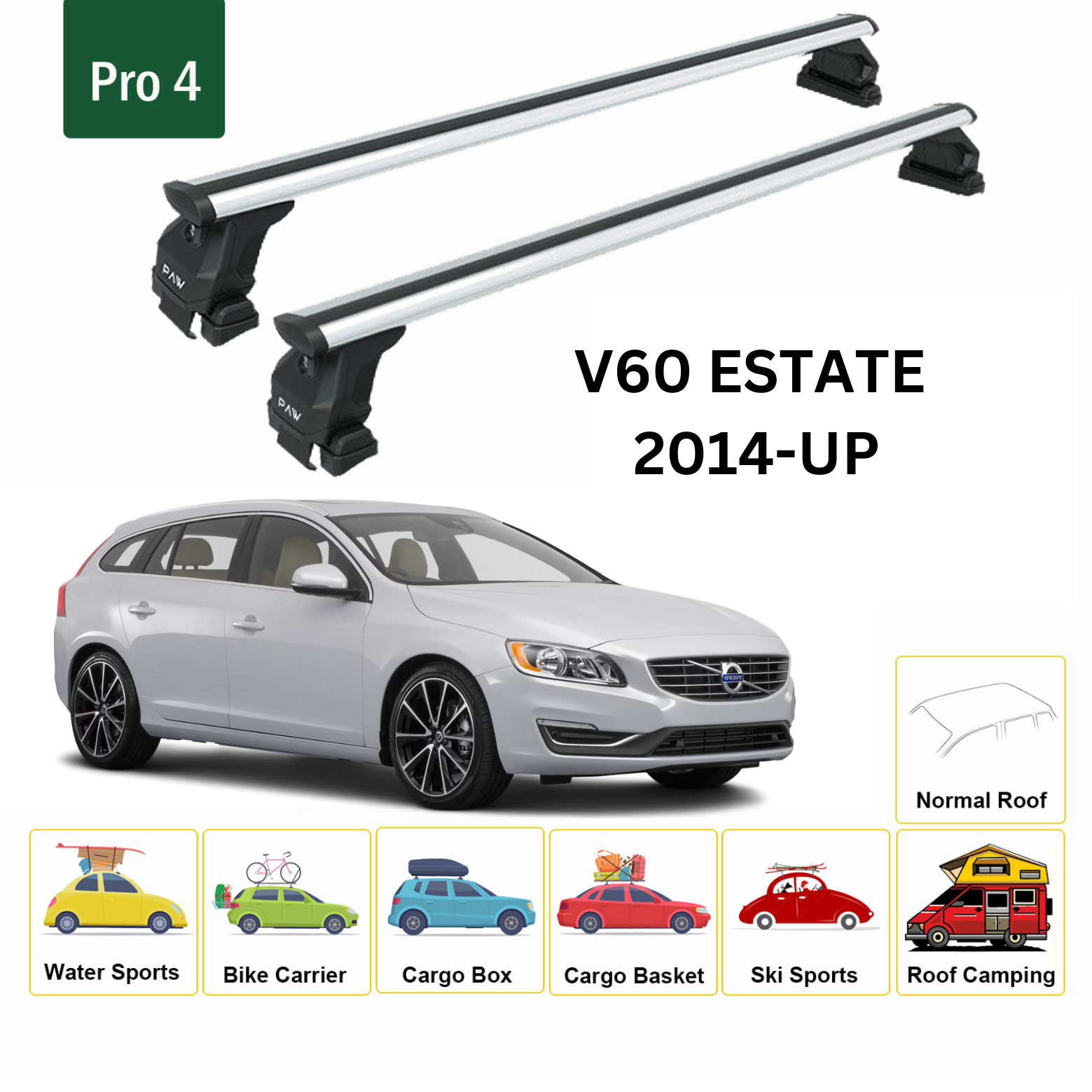 Für Volvo V60 2014-Up Dachträger Querstange Metallhalterung Normales Dach Alu Silber