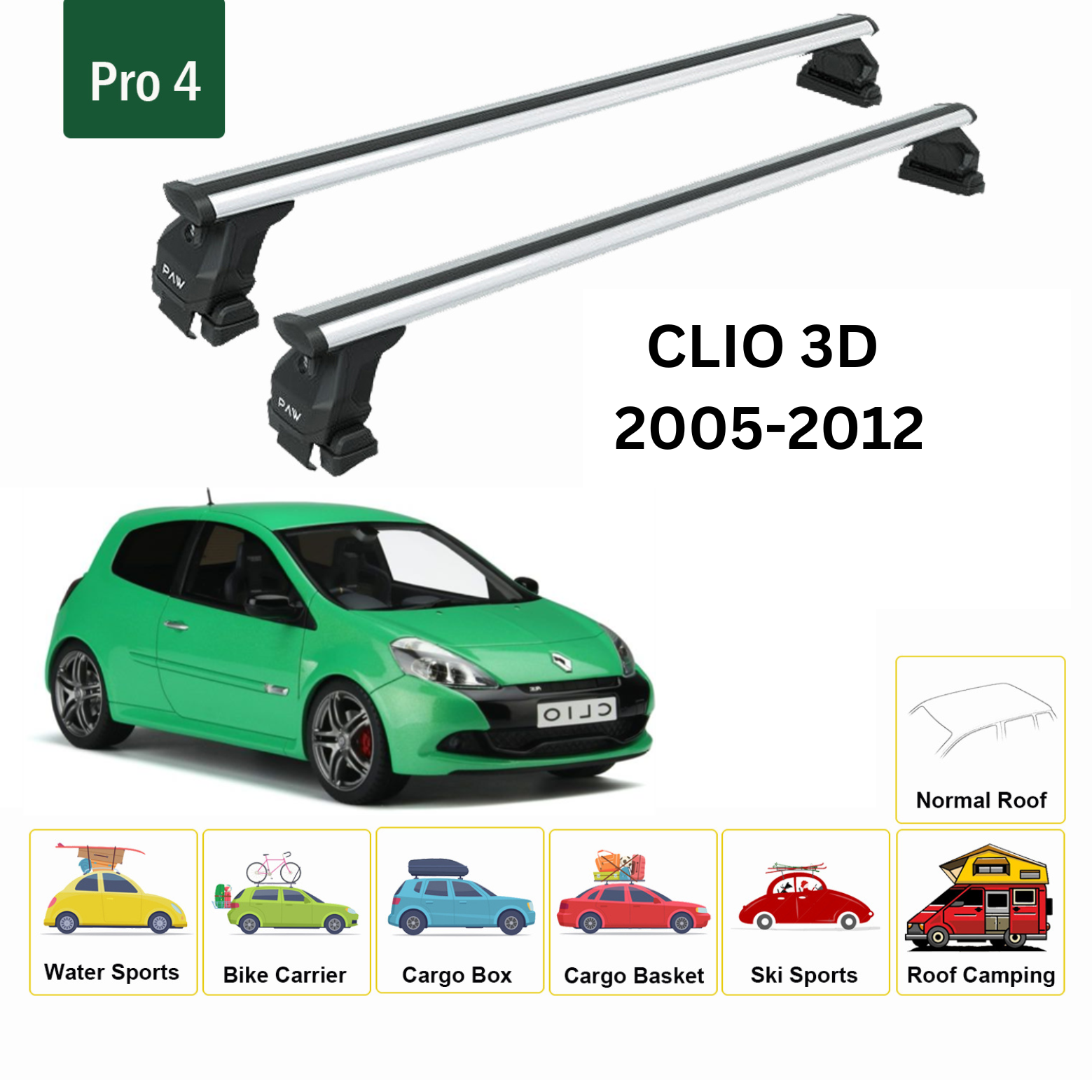 For Renault Clio 3D 2005-2012 Roof Rack System, Aluminium Cross Bar, Metal Bracket, Normal Roof, Silver