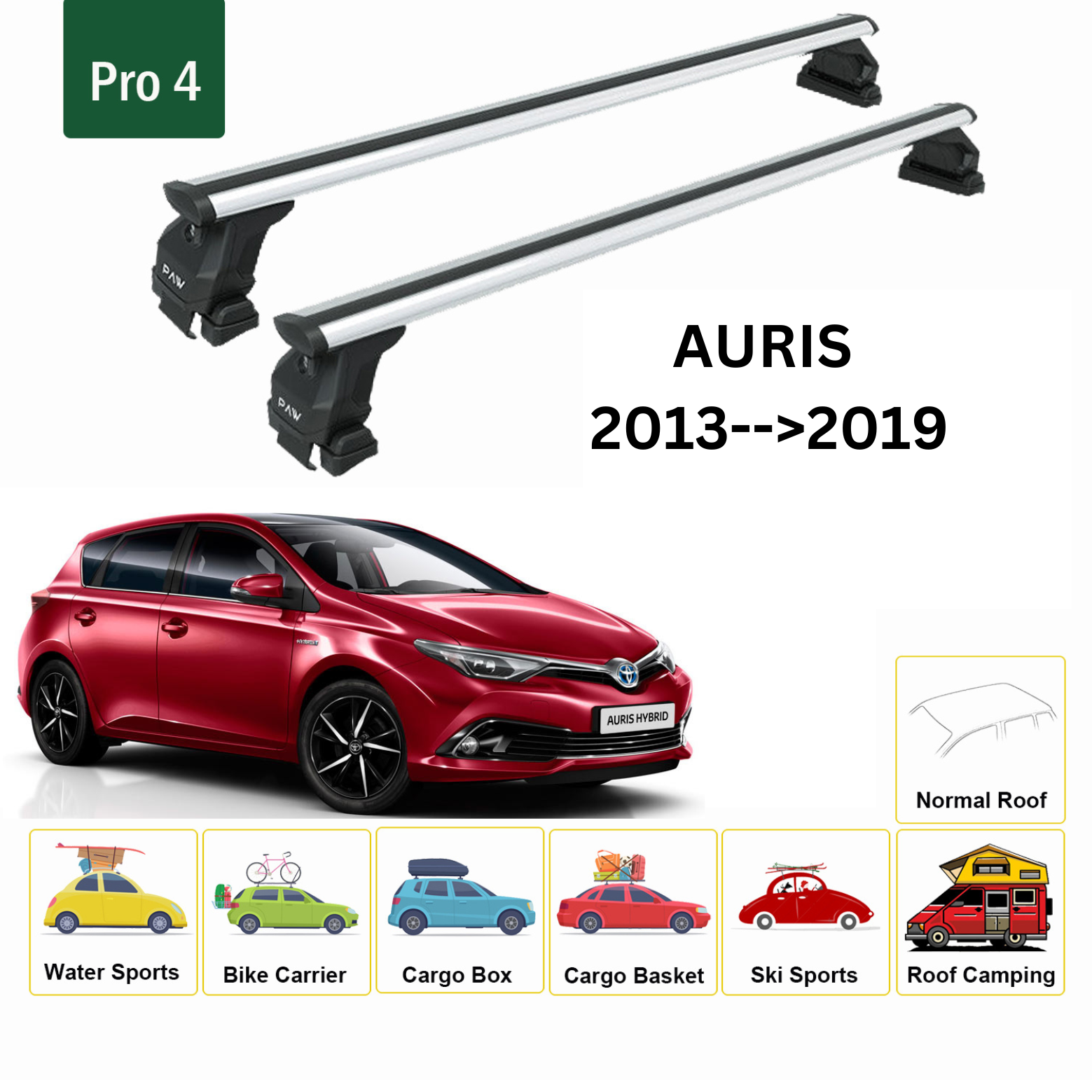 For Toyota Auris Roof Rack Cross Bars Normal Roof Alu Silver 2013-19 (Glass roof)