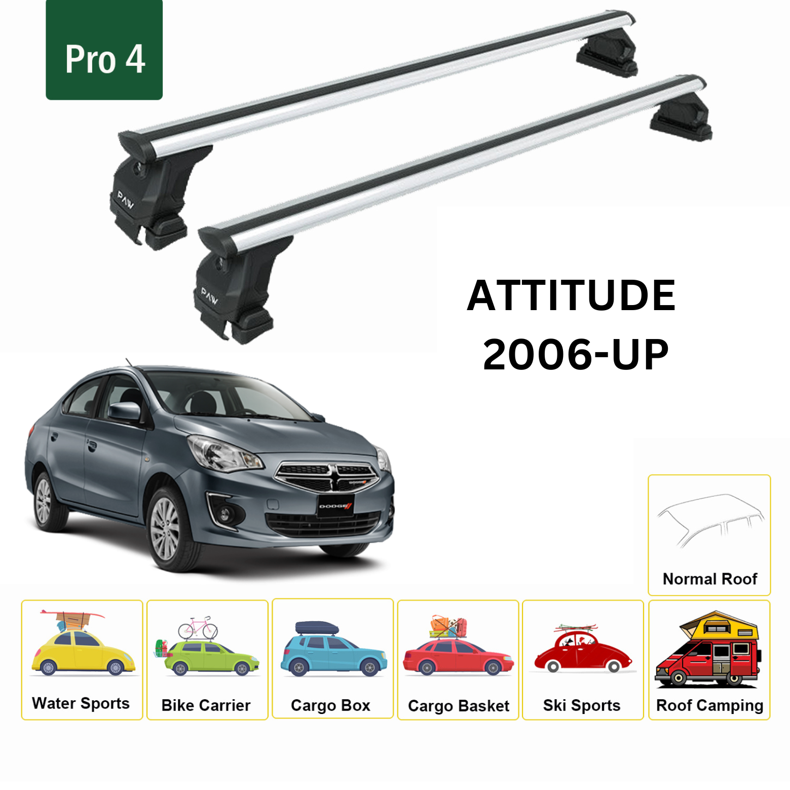 For Dodge Attitude 2006-Up Roof Rack Cross Bars Metal Bracket Normal Roof Alu Silver - 0