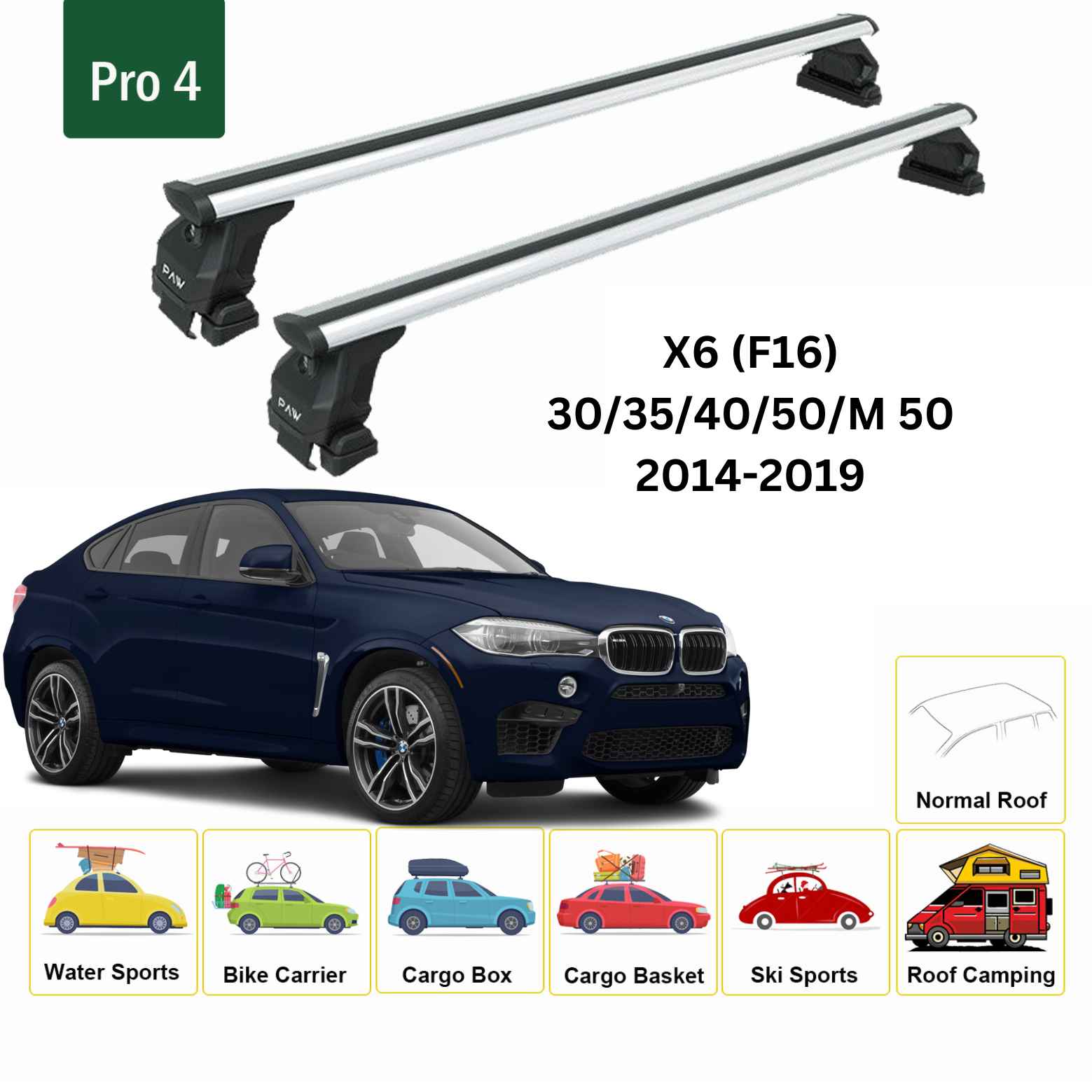 For BMW X6 (F16) 2014-19 Roof Rack Cross Bars Normal Roof Alu Silver