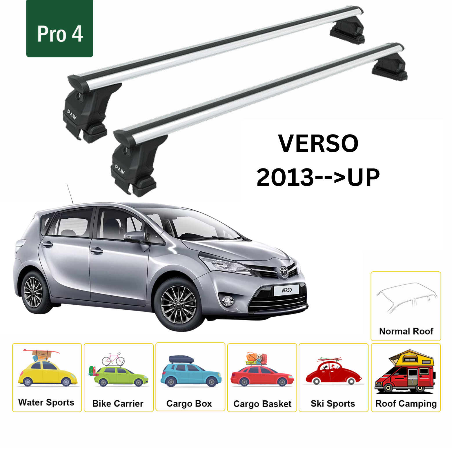 For Toyota Verso 2013-Up Roof Rack Cross Bars Normal Roof Alu Silver - 0
