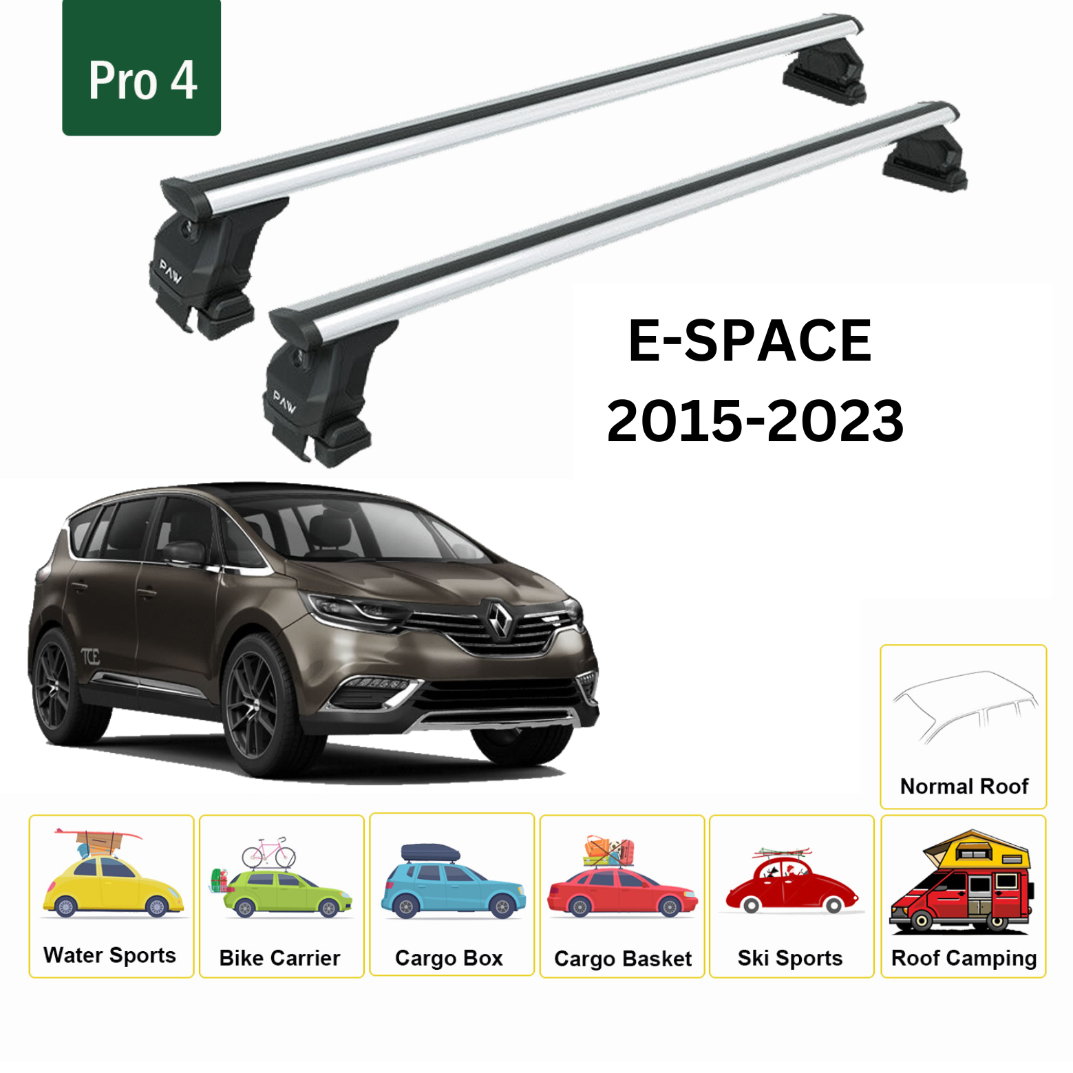 Für Renault E-Space 2015–2023 Dachträgersystem, Aluminium-Querstange, Metallhalterung, normales Dach, Silber