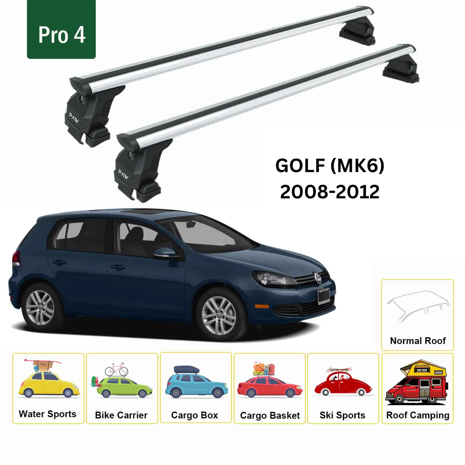 Für Volkswagen Golf 5D 2008–12 Dachträger, Querträger, Metallhalterung, normales Dach, Alu, Silber - 0