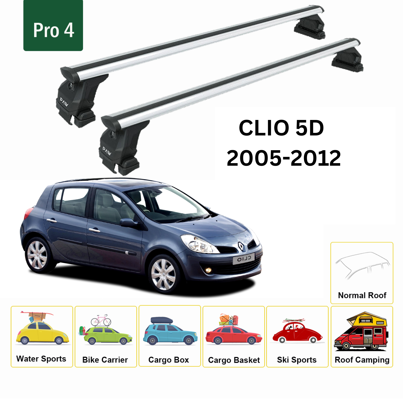 For Renault Clio 2005-2012 Roof Rack System, Aluminium Cross Bar, Metal Bracket, Normal Roof, Silver
