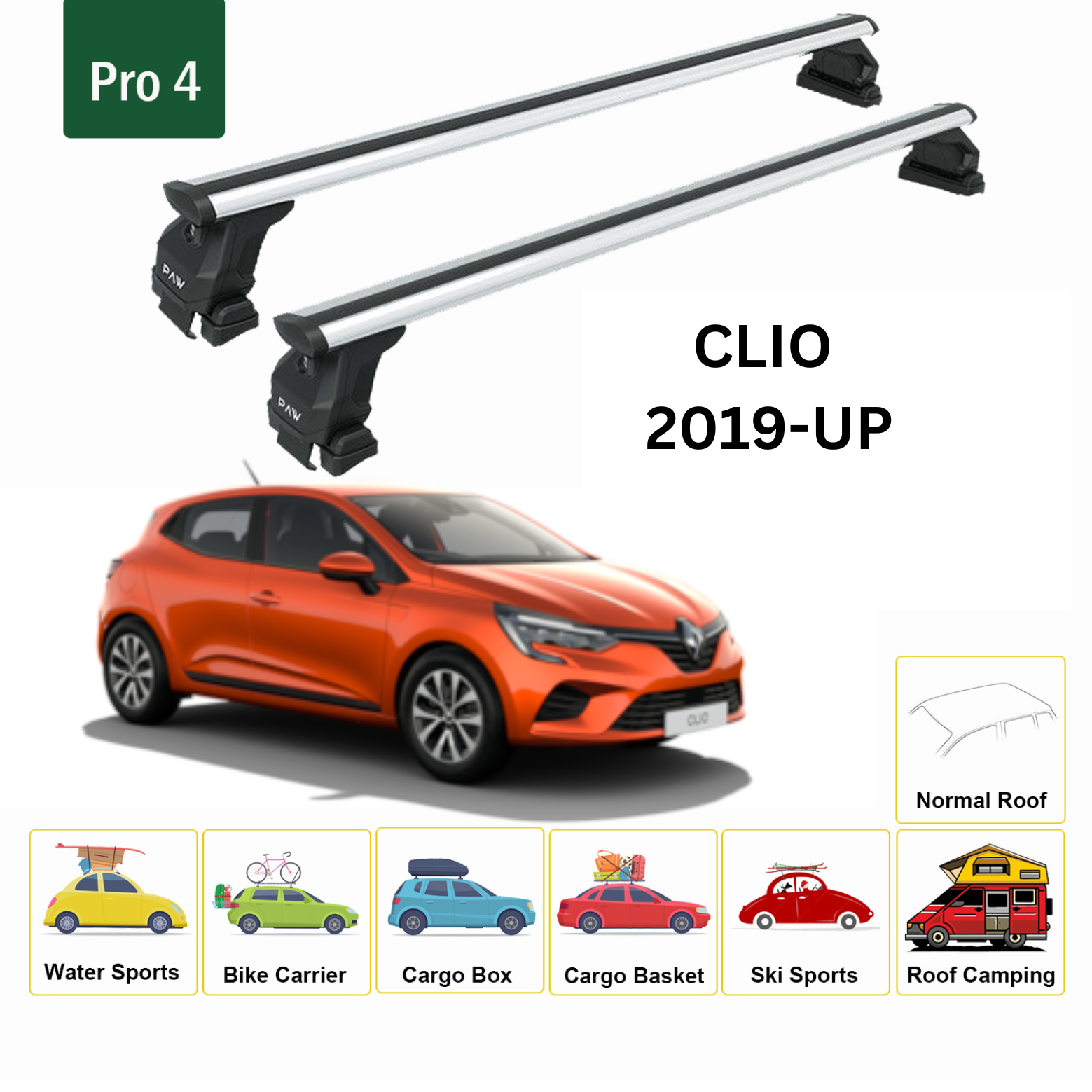 For Renault Clio 2019-Up Roof Rack System, Aluminium Cross Bar, Metal Bracket, Normal Roof, Silver