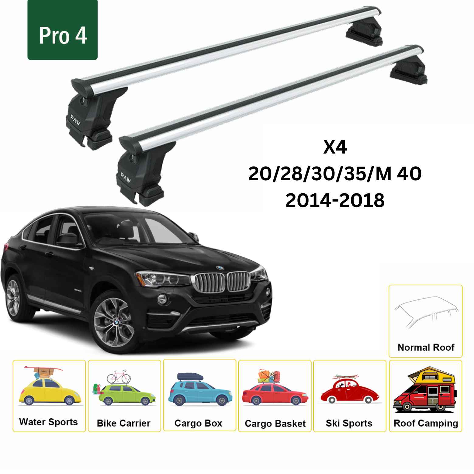 For BMW X4 2014-18 Roof Rack Cross Bars Normal Roof Alu Silver