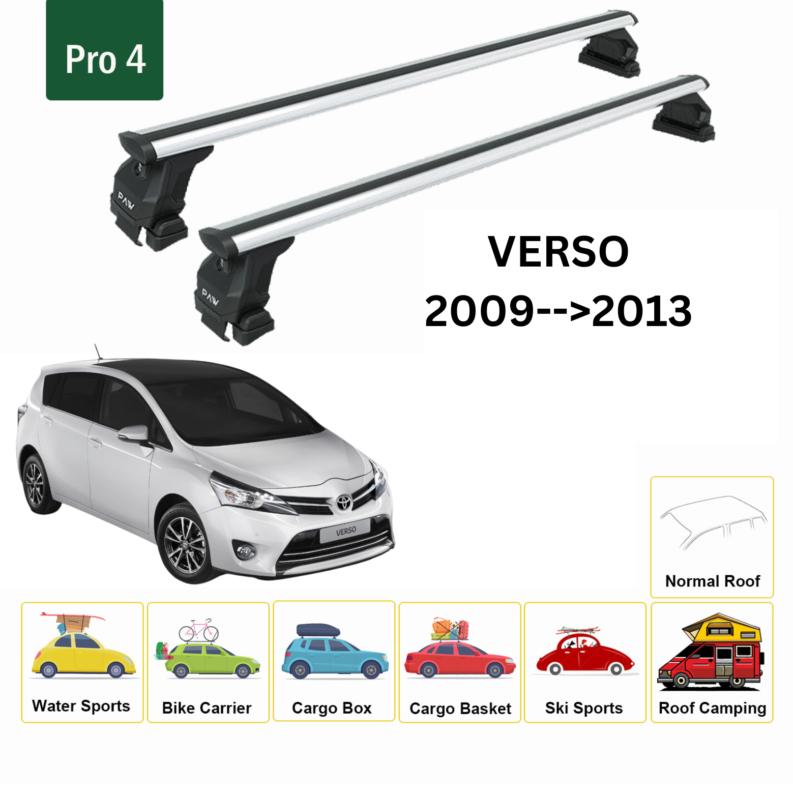 Für Toyota Verso 2009–13 Dachträger, Querträger, Metallhalterung, normales Dach, Alu, Silber - 0