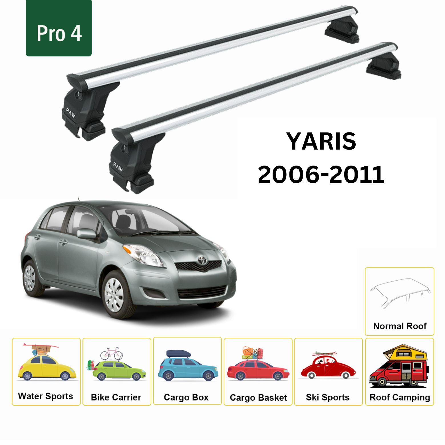 For Toyota Yaris 2006-11 Roof Rack Cross Bars Metal Bracket Normal Roof Alu Silver