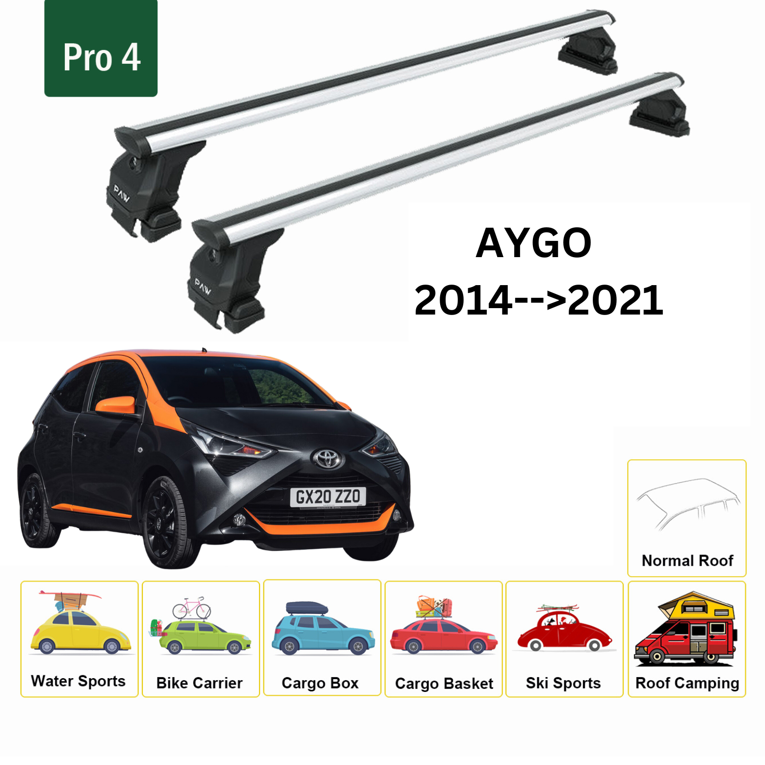For Toyota Aygo 2014-21 Roof Rack Cross Bars Normal Roof Alu Silver - 0