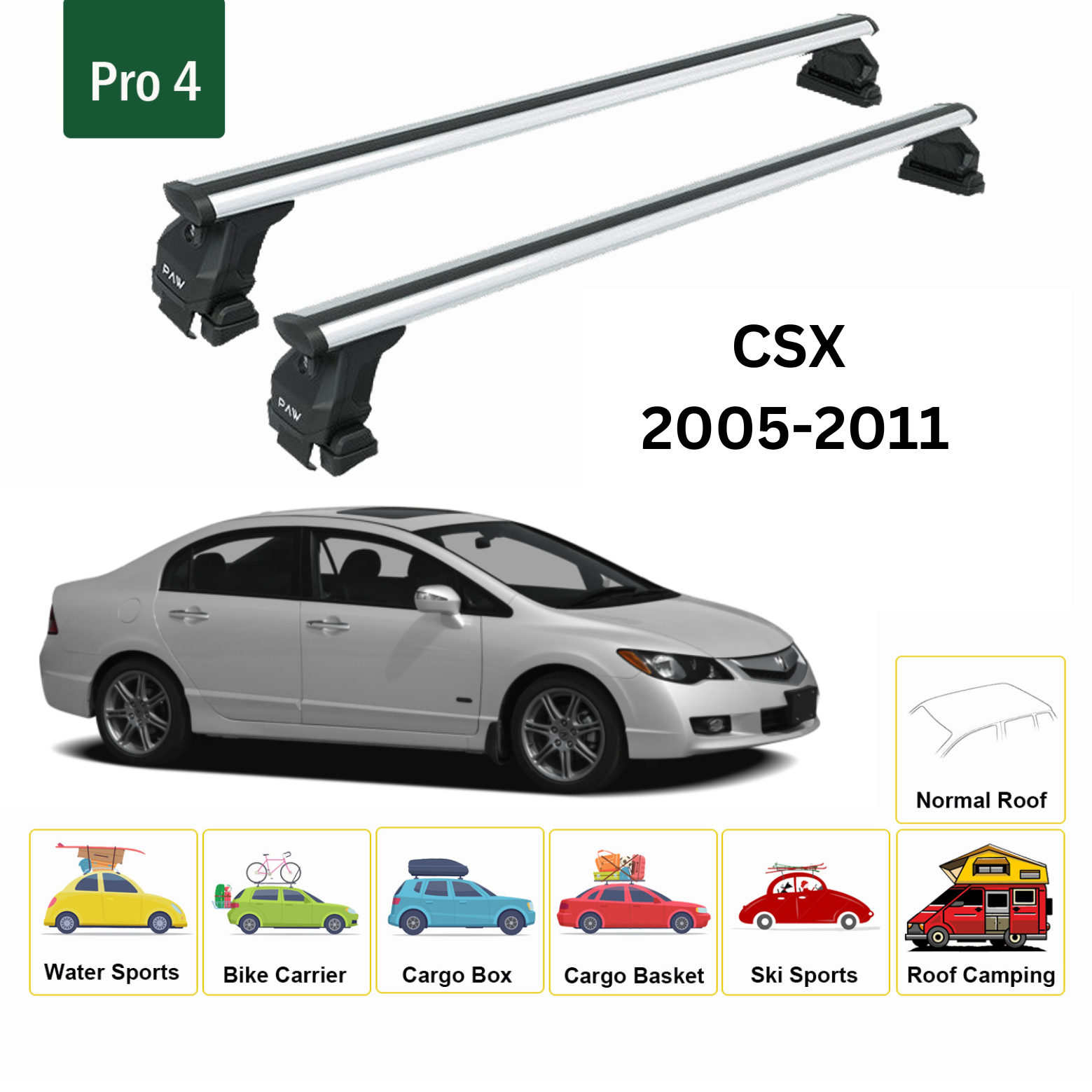 For Acura CSX 2005-11 Roof Rack Cross Bars Metal Bracket Normal Roof Alu Silver - 0