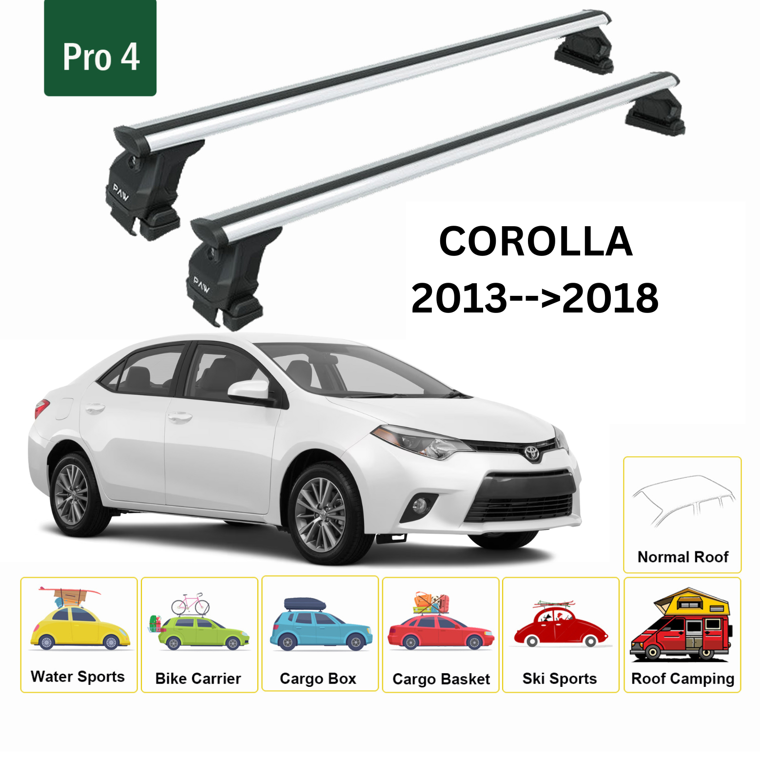 Für Toyota Corolla 2013–18 Dachträger, Querträger, Metallhalterung, normales Dach, Alu, Silber - 0