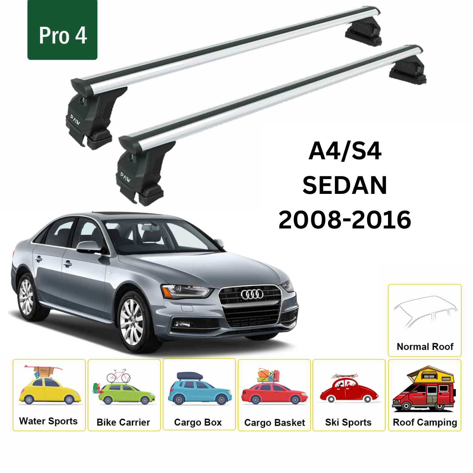 For Audi A4/S4 2008-16 Roof Rack Cross Bars Normal Roof Alu Silver - 0