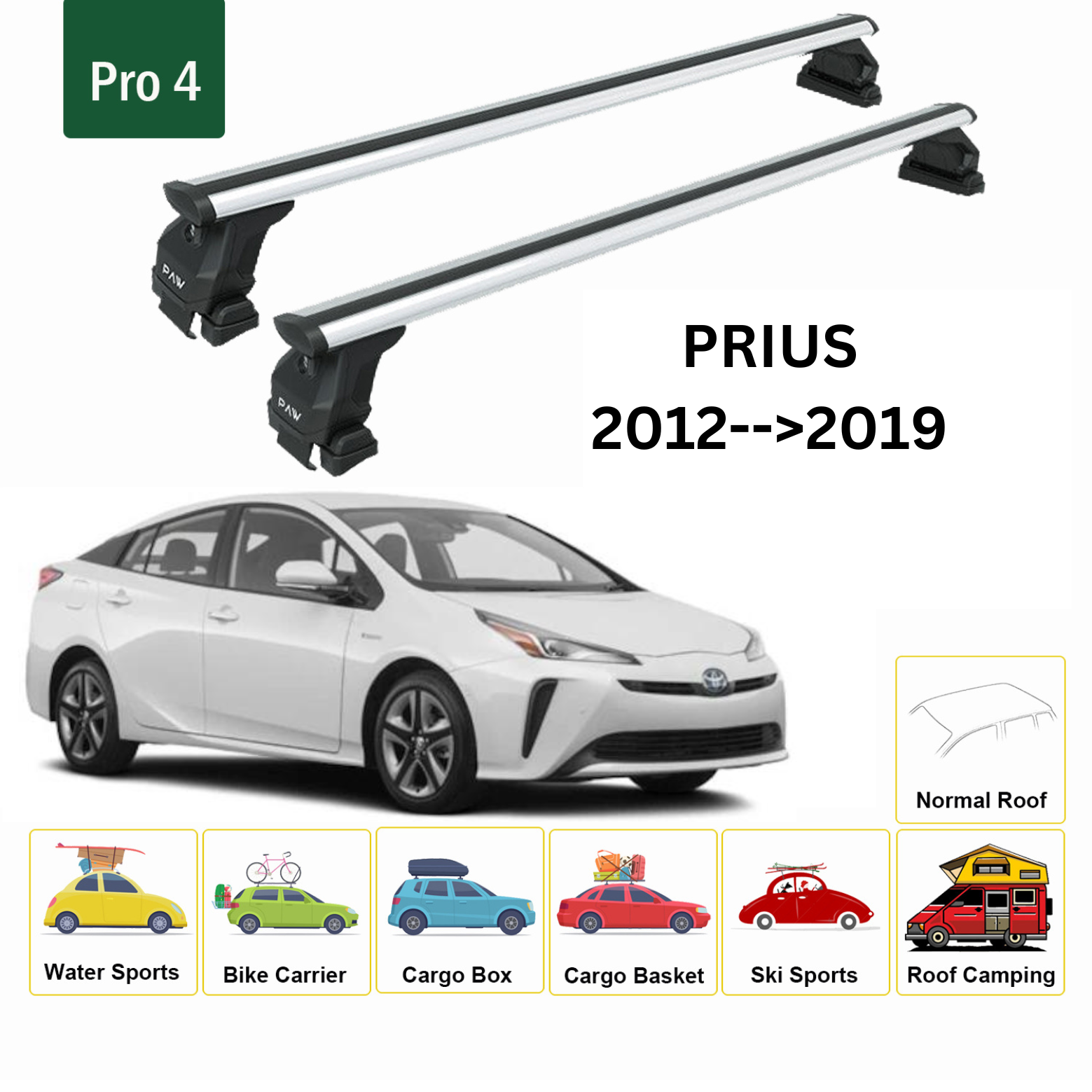 Für Toyota Prius 2012–19 Dachträger, Querträger, Metallhalterung, normales Dach, Alu, Silber - 0