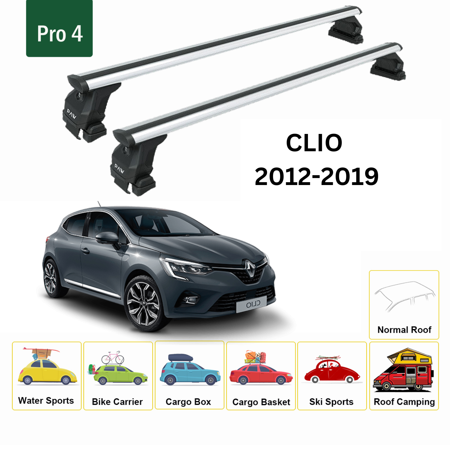 Für Renault Clio 2012–2019 Dachträgersystem, Aluminium-Querstange, Metallhalterung, normales Dach, Silber