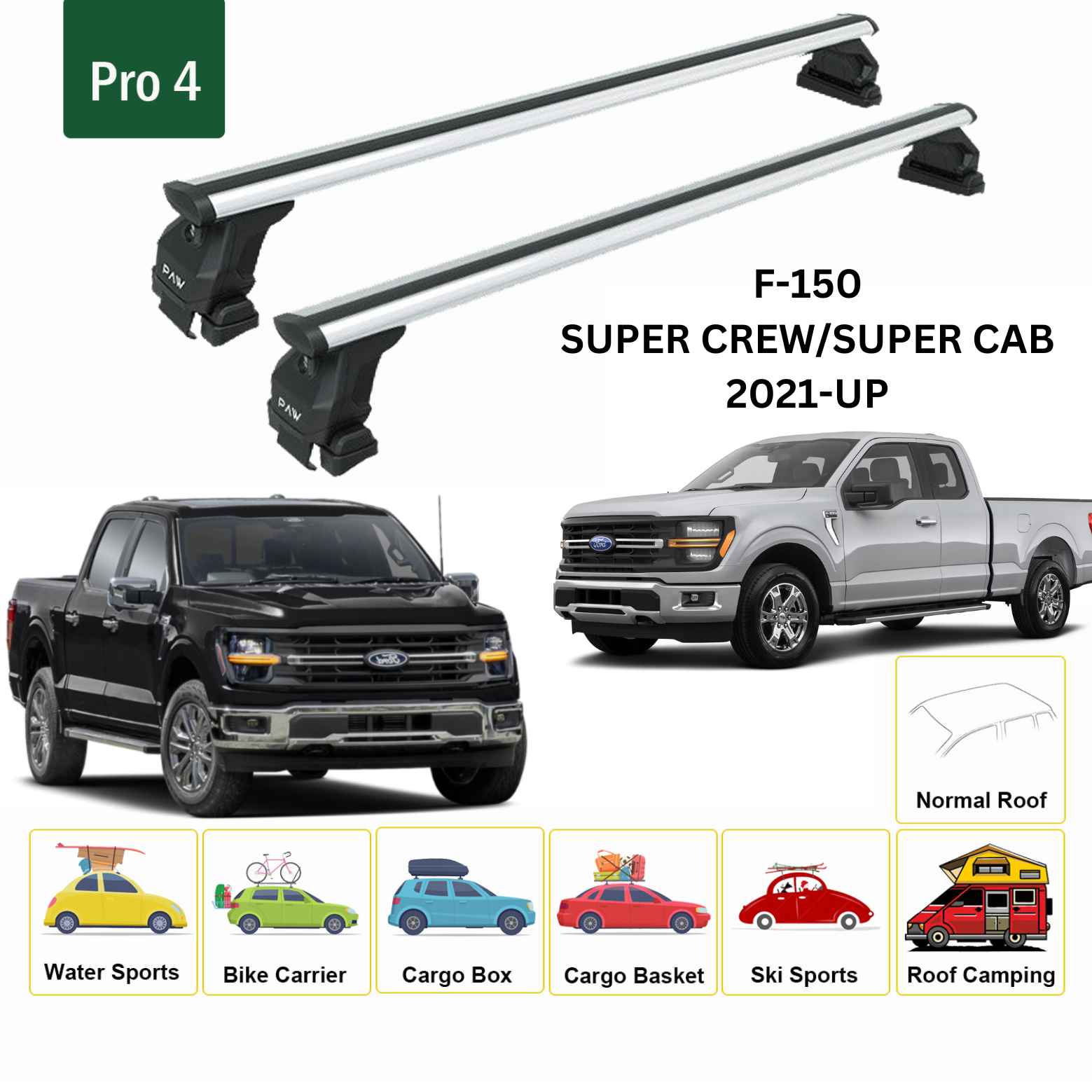 For Ford F150 (Gen 14) 2021-Up Roof Rack Cross Bars Normal Roof Alu Silver - 0