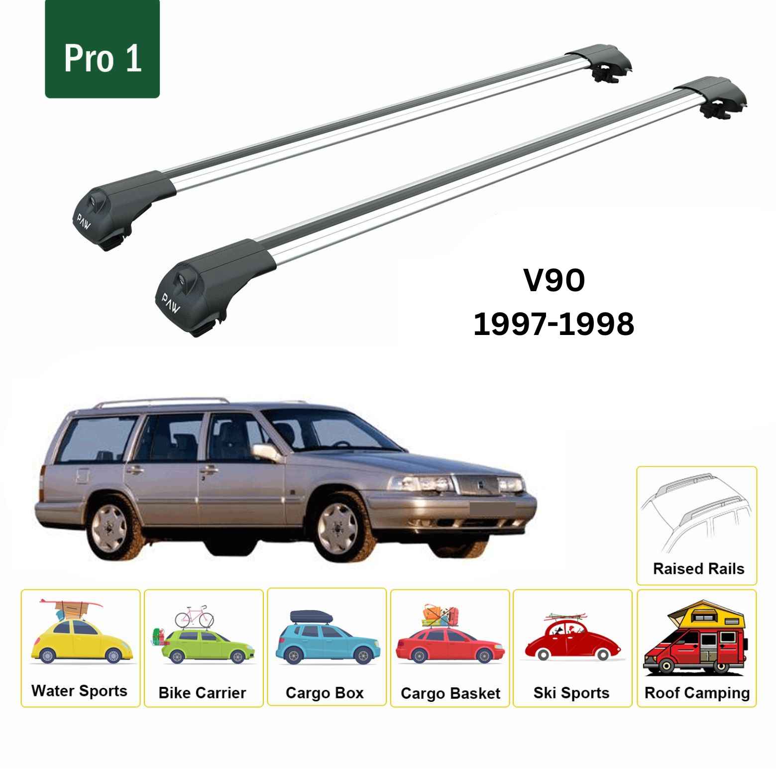 For Volvo V90 1997-98 Roof Rack Cross Bar Raised Rail Alu Silver - 0