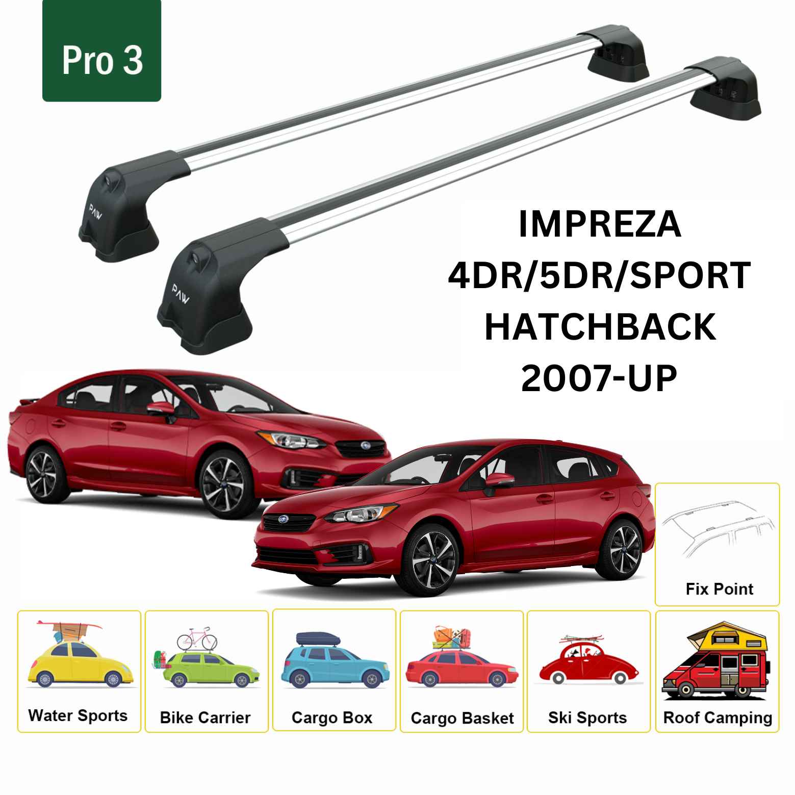 For Subaru Impreza 2007-UP Roof Rack Cross Bar Metal Bracket Fix Point Alu Silver