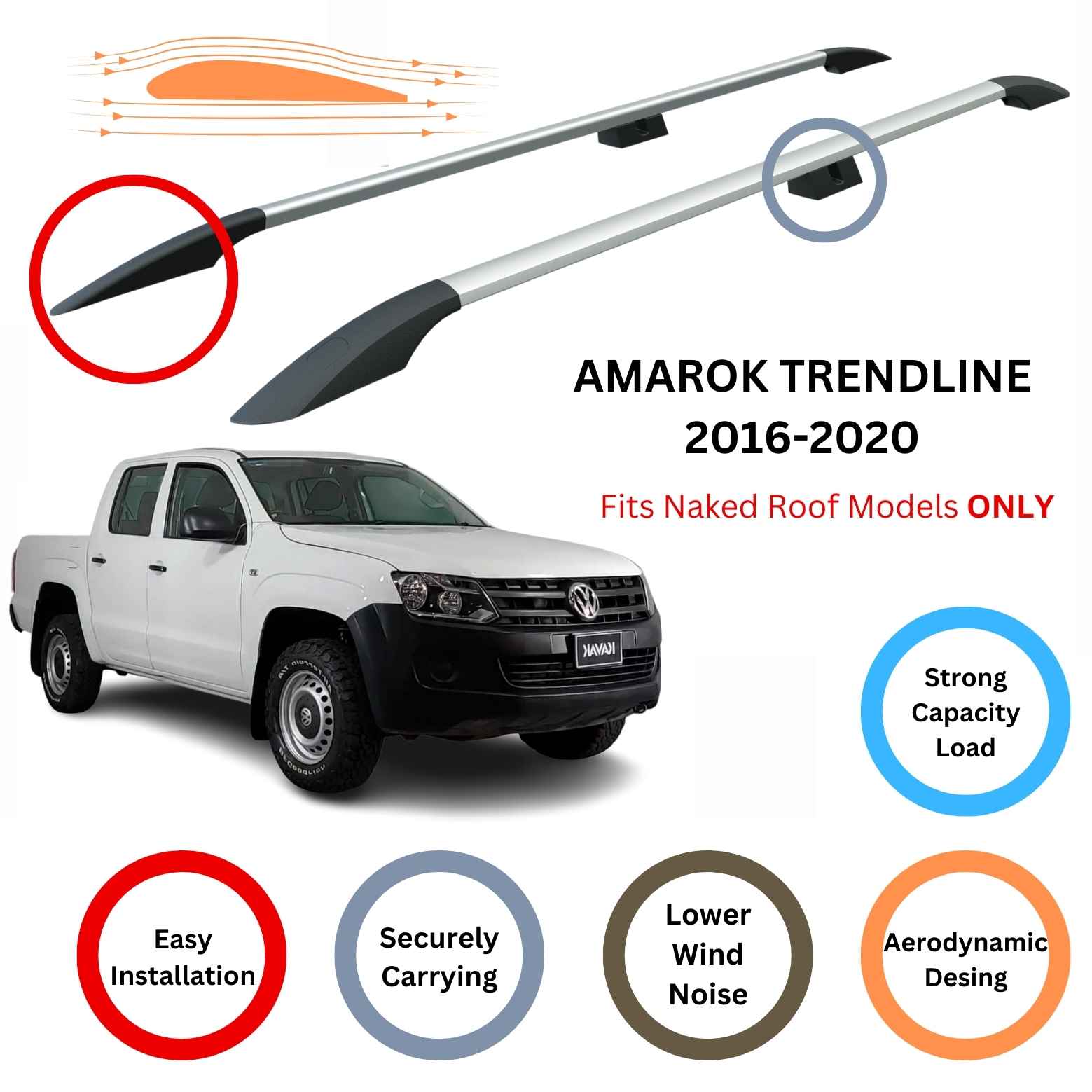 For Volkswagen Amarok Trendline 2016-20 Roof Side Rails and Roof Rack Cross Bar Alu Silver
