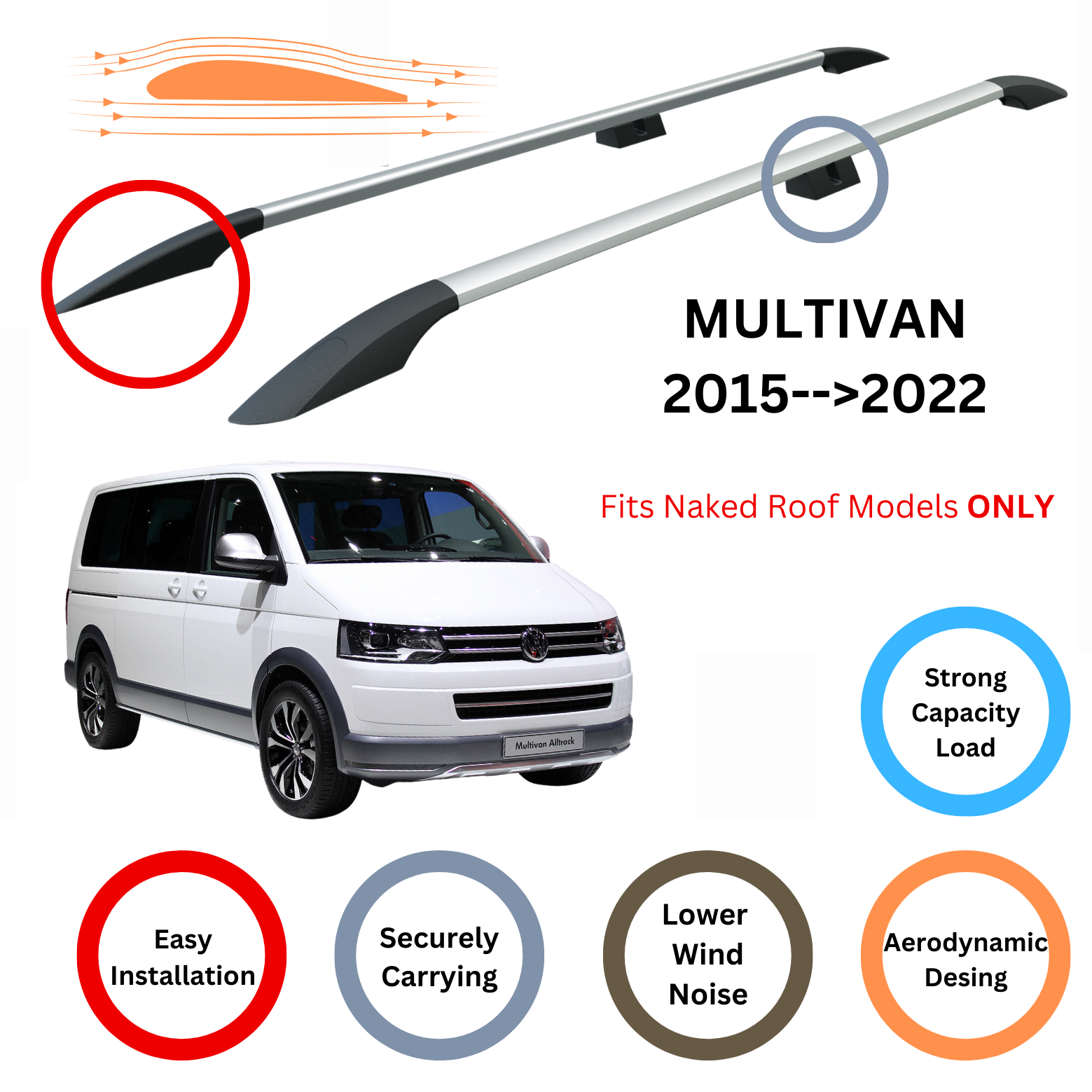 Für Volkswagen Multivan 2015–22 Dachseitenschienen und Dachträger-Querstangen Alu Silber