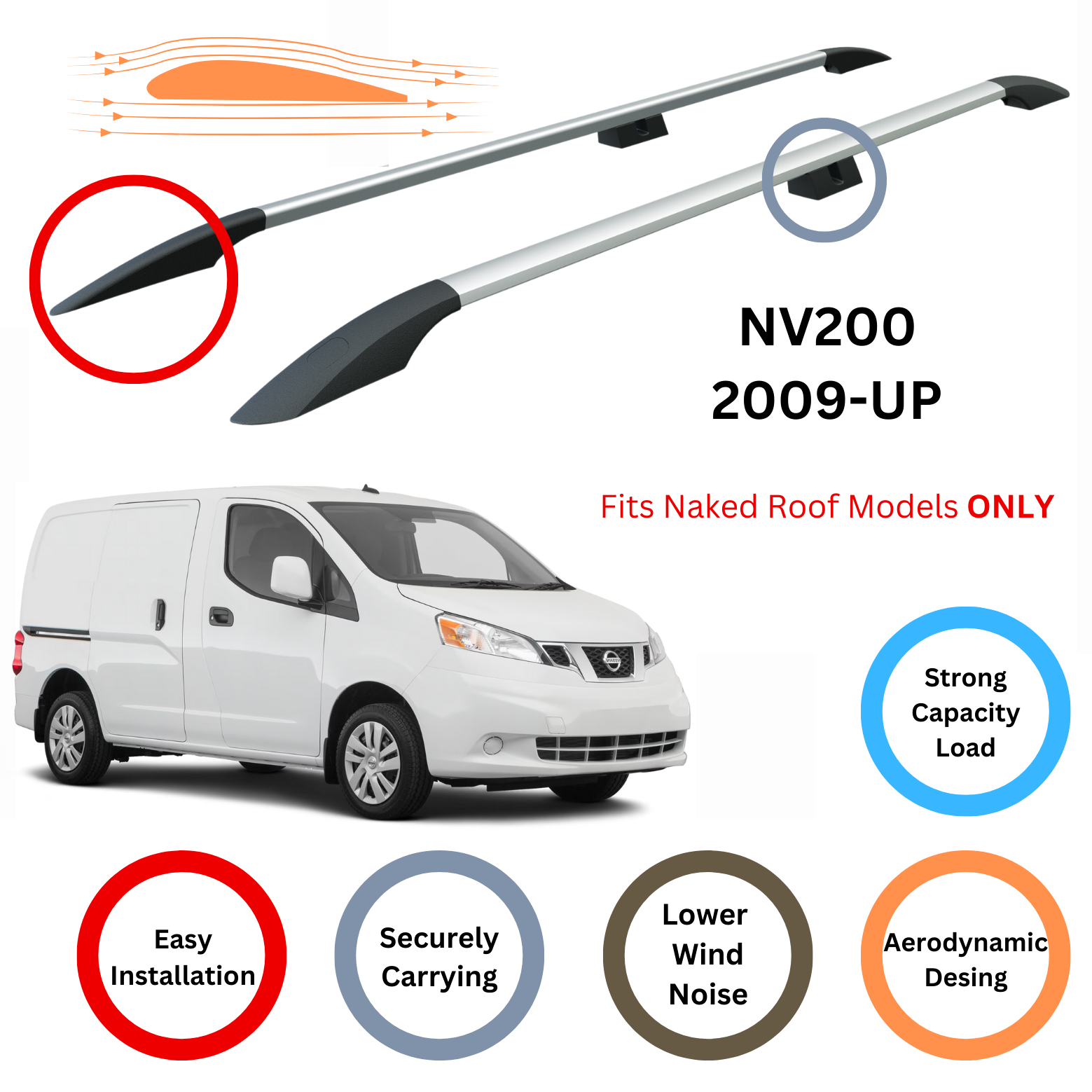 For Nissan NV200 2009-Up Roof Side Rails Ultimate Style Alu Silver