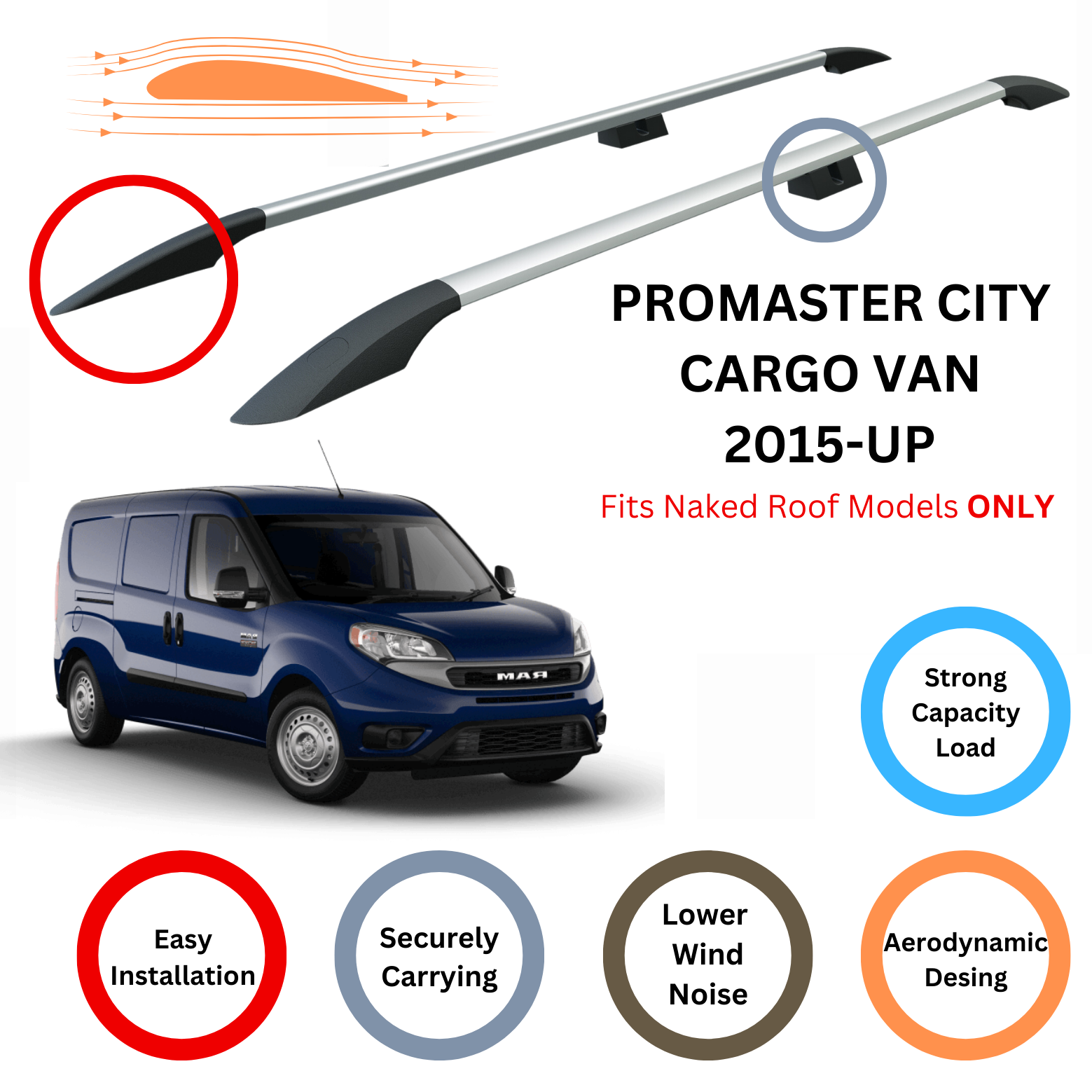For RAM ProMaster City 2015-Up Roof Side Rails and Roof Rack Cross Bars Alu Silver - 0