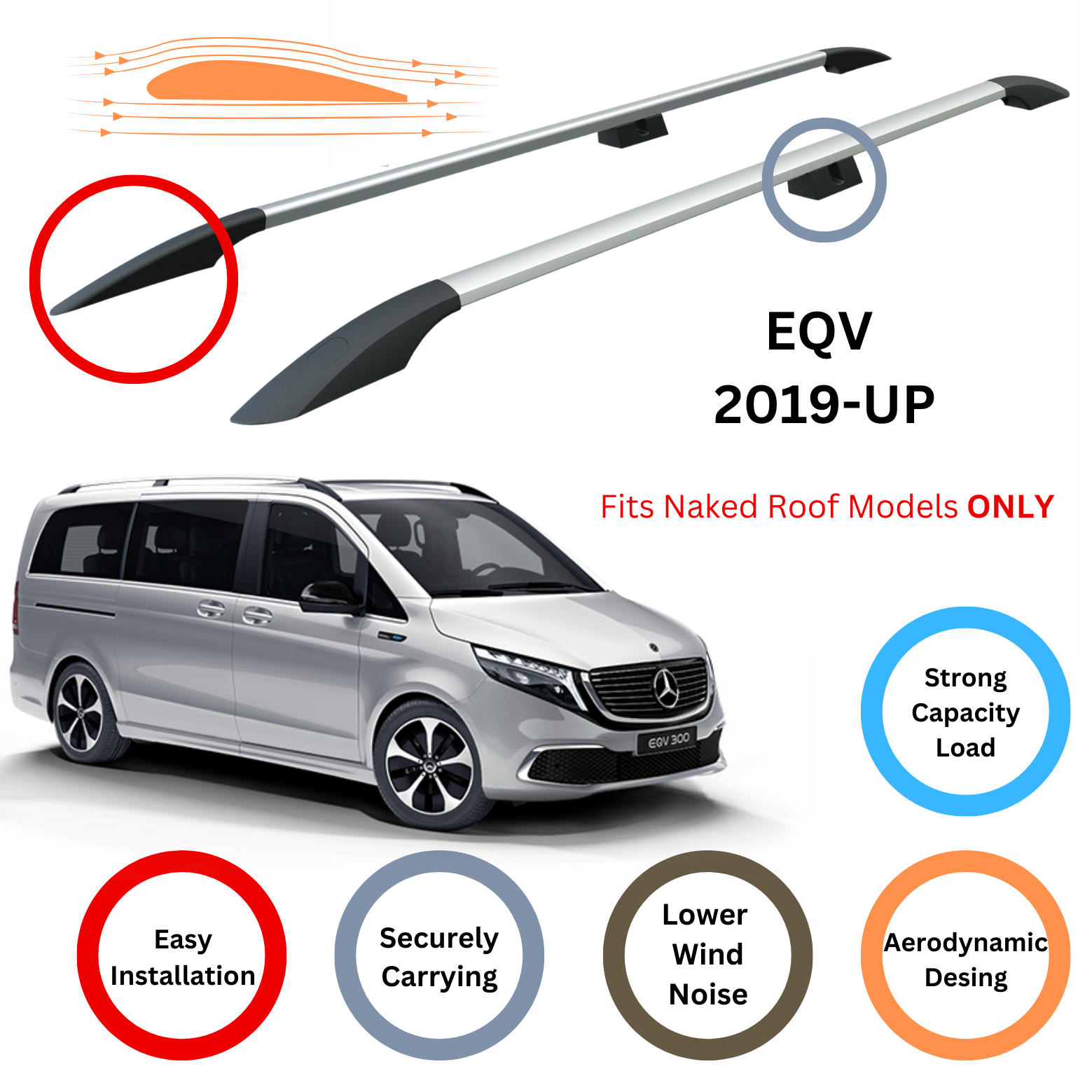 For Mercedes EQV 2019-Up Roof Side Rails Ultimate Style Alu Silver