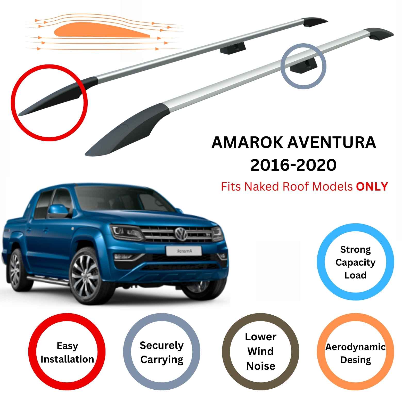 For Volkswagen Amarok Aventura 2016-20 Roof Side Rails and Roof Rack Cross Bar Alu Silver - 0